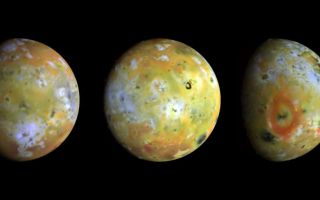 <h1>PIA00292:  Three Views of Io</h1><div class="PIA00292" lang="en" style="width:800px;text-align:left;margin:auto;background-color:#000;padding:10px;max-height:150px;overflow:auto;"><p>Three full-disk color views of Jupiter's volcanic moon Io as seen by NASA's Galileo spacecraft camera are shown in enhanced color (near-infrared-, green-, and violet-filtered images) to highlight details of the surface. Comparisons of these images to those taken by the Voyager spacecraft 17 years ago has revealed many changes have occurred on Io. Since that time, about a dozen areas at least as large as the state of Connecticut have been resurfaced. These three views, taken by Galileo in late June 1996, show about 75 percent of Io's surface. The images reveal that some areas on Io are truly red, whereas much of the surface is yellow or light greenish. The major red areas shown here appear to be closely associated with very recent fragmental volcanic deposits (pyroclastics) erupted in the form of volcanic plumes. The most prominent red oval surrounds the volcano Pele (far right), as previously discovered by Hubble Space Telescope images. An intense red spot lies near the active plume Marduk east of Pele. Other reddish areas are associated with known hot spots or regions that have changed substantially since the Voyager spacecraft flybys of 1979. The reddish deposits may be the products of high-temperature explosive volcanism. There are some curious differences in the overlap region between the images at left and center. There are several especially bright areas in the image at left that appear much darker in the image at center. These may represent transient eruptions or surface materials with unusual light-scattering properties. Several volcanic plumes active during the Voyager flybys in 1979 occurred near the bright limbs or terminator regions of these images, where airborne materials should be detectable. Loki and Amirani appear to be inactive, Volund is active, and Pele may be active but is extremely faint. The plume Marduk also seems to be active, and dark jets of erupting materials can be seen against the disk. Several previously unknown mountains can be seen near the terminators. The Galileo mission is managed by NASA's Jet Propulsion Laboratory.<br /><br /><a href="http://photojournal.jpl.nasa.gov/catalog/PIA00292" onclick="window.open(this.href); return false;" title="Voir l'image 	 PIA00292:  Three Views of Io	  sur le site de la NASA">Voir l'image 	 PIA00292:  Three Views of Io	  sur le site de la NASA.</a></div>