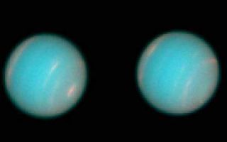 <h1>PIA01287:  Hubble Space Telescope Wide Field Planetary Camera 2 Observations of Neptune</h1><div class="PIA01287" lang="en" style="width:510px;text-align:left;margin:auto;background-color:#000;padding:10px;max-height:150px;overflow:auto;"><p>Two groups have recently used the Hubble Space Telescope (HST) Wide Field Planetary Camera 2 (WFPC 2) to acquire new high-resolution images of the planet Neptune. Members of the WFPC-2 Science Team, lead by John Trauger, acquired the first series of images on 27 through 29 June 1994. These were the highest resolution images of Neptune taken since the Voyager-2 flyby in August of 1989. A more comprehensive program is currently being conducted by Heidi Hammel and Wes Lockwood. These two sets of observations are providing a wealth of new information about the structure, composition, and meteorology of this distant planet's atmosphere.<p>Neptune is currently the most distant planet from the sun, with an orbital radius of 4.5 billion kilometers (2.8 billion miles, or 30 Astronomical Units). Even though its diameter is about four times that of the Earth (49,420 vs. 12,742 km), ground-based telescopes reveal a tiny blue disk that subtends less than 1/1200 of a degree (2.3 arc-seconds). Neptune has therefore been a particularly challenging object to study from the ground because its disk is badly blurred by the Earth's atmosphere. In spite of this, ground-based astronomers had learned a great deal about this planet since its position was first predicted by John C. Adams and Urbain Leverrier in 1845. For example, they had determined that Neptune was composed primarily of hydrogen and helium gas, and that its blue color caused by the presence of trace amounts of the gas methane, which absorbs red light. They had also detected bright cloud features whose brightness changed with time, and tracked these clouds to infer a rotation period between 17 and 22 hours.<p>When the Voyager-2 spacecraft flew past the Neptune in 1989, its instruments revealed a surprising array of meteorological phenomena, including strong winds, bright, high-altitude clouds, and two large dark spots attributed to long-lived giant storm systems. These bright clouds and dark spots were tracked as they moved across the planet's disk, revealing wind speeds as large as 325 meters per second (730 miles per hour). The largest of the giant, dark storm systems, called the "Great Dark Spot", received special attention because it resembled Jupiter's Great Red Spot, a storm that has persisted for more than three centuries. The lifetime of Neptune's Great Dark Spot could not be determined from the Voyager data alone, however, because the encounter was too brief. Its evolution was impossible to monitor with ground-based telescopes, because it could not be resolved on Neptune's tiny disk, and its contribution to the disk-integrated brightness of Neptune confused by the presence of a rapidly-varying bright cloud feature, called the "Bright Companion" that usually accompanied the Great Dark spot.<p>The repaired Hubble Space Telescope provides new opportunities to monitor these and other phenomena in the atmosphere of the most distant planet. Images taken with WFPC-2's Planetary Camera (PC) can resolve Neptune's disk as well as most ground-based telescopes can resolve the disk of Jupiter. The spatial resolution of the HST WFPC-2 images is not as high as that obtained by the Voyager-2 Narrow-Angle Camera during that spacecraft's closest approach to Neptune, but they have a number of other assets that enhance their scientific value, including improved ultra-violet and infrared sensitivity, better signal-to-noise, and, and greater photometric accuracy.<p>The images of Neptune acquired by the WFPC-2 Science team in late June clearly demonstrate these capabilities. The side of the planet facing the Earth at the start of the program (11:36 Universal Time on July 27) was imaged in color filters spanning the ultraviolet (255 and 300-nm), visible (467, 588, 620, and 673- nm), and near-infrared (890-nm) parts of the spectrum. The planet then rotated 180 degrees in longitude, and the opposite hemisphere was imaged in a subset of these colors (300, 467, 588, 620, and 673-nm). The HST/WFPC-2 program more recently conducted by Hammel and Lockwood provides better longitude coverage, and a wider range of observing times, but uses a more restricted set of colors.<p>The ultraviolet pictures show an almost featureless disk that is slightly darker near the edge. The observed contrast increases in the blue, green, red, and near-infrared images, which reveal many of the features seen by Voyager 2, including the dark band near 60 S latitude and several distinct bright cloud features. The bright cloud features are most obvious in the red and infrared parts of the spectrum where methane gas absorbs most strongly (619 and 890 nm). These bright clouds thought to be high above the main cloud deck, and above much of the absorbing methane gas. The edge of the planet's disk also appears somewhat bright in these colors, indicating the presence of a ubiquitous, high-altitude haze layer.<p>The northern hemisphere is occupied by a single prominent cloud band centered near 30 N latitude. This planet-encircling feature may be the same bright cloud discovered last fall by ground-based observers. Northern hemisphere clouds were much less obvious at the time of the Voyager-2 encounter. The tropics are about 20 % darker than the disk average in the 890-nm images, and one of these images reveals a discrete bright cloud on the equator, near the edge of the disk. The southern hemisphere includes two broken bright bands. The largest and brightest is centered at 30 S latitude, and extends for least 40 degrees of longitude, like the Bright Companion to the Great Dark Spot. There is also a thin cloud band at 45 S latitude, which almost encircles the planet.<p>One feature that is conspicuous by its absence is the storm system known as the Great Dark Spot. The second smaller dark spot, DS2, that was seen during the Voyager-2 encounter was also missing. The absence of these dark spots was one of the biggest surprises of this program. The WFPC-2 Science team initially assumed that the two storm systems might be near the edge of the planet's disk, where they would not be particularly obvious. An analysis of their longitude coverage revealed that less than 20 degrees of longitude had been missed in the colors where these spots had their greatest contrast (467 and 588 nm). The Great Dark Spot covered almost 40 degrees of longitude at the time of the Voyager-2 fly-by. Even if it were on the edge of the disk, it would appear as a "bite" out of the limb. Because no such feature was detected, we concluded that these features had vanished. This conclusion was reinforced by the more recent observations by Hammel and Lockwood, which also show no evidence of discrete dark spots.<p>These dramatic changes in the large-scale storm systems and planet-encircling clouds bands on Neptune are not yet completely understood, but they emphasize the dynamic nature of this planet's atmosphere, and the need for further monitoring. Additional HST WFPC-2 observations are planned for next summer. These two teams are continuing their analysis of these data sets to place improved constraints on these and other phenomena in Neptune's atmosphere.<p>Figure Captions:<p>These almost true-color pictures of Neptune were constructed from HST/WFPC2 images taken in blue (467-nm), green (588- nm), and red (673-nm) spectral filters. There is a bright cloud feature at the south pole, near the bottom right of the image. Bright cloud bands can be seen at 30S and 60S latitude. The northern hemisphere also includes a bright cloud band centered near 30N latitude. The second picture was compiled from images taken after the planet had rotated about 180 degrees of longitude (about 9 hours later) to show the opposite hemisphere.<p>The Wide Field/Planetary Camera 2 was developed by the Jet Propulsion Laboratory and managed by the Goddard Space Flight Center for NASA's Office of Space Science.<p>This image and other images and data received from the Hubble Space Telescope are posted on the World Wide Web on the Space Telescope Science Institute home page at URL <a href="http://oposite.stsci.edu/" class="external free" target="wpext">http://oposite.stsci.edu/</a>.<br /><br /><a href="http://photojournal.jpl.nasa.gov/catalog/PIA01287" onclick="window.open(this.href); return false;" title="Voir l'image 	 PIA01287:  Hubble Space Telescope Wide Field Planetary Camera 2 Observations of Neptune	  sur le site de la NASA">Voir l'image 	 PIA01287:  Hubble Space Telescope Wide Field Planetary Camera 2 Observations of Neptune	  sur le site de la NASA.</a></div>