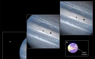 <h1>PIA01540:  Hubble Clicks Images of Io Sweeping Across Jupiter</h1><div class="PIA01540" lang="en" style="width:800px;text-align:left;margin:auto;background-color:#000;padding:10px;max-height:150px;overflow:auto;">While hunting for volcanic plumes on Io, NASA's Hubble Space Telescope captured these images of the volatile moon sweeping across the giant face of Jupiter. Only a few weeks before these dramatic images were taken, the orbiting telescope snapped a portrait of one of Io's volcanoes spewing sulfur dioxide "snow."<p>These stunning images of the planetary duo are being released to commemorate the ninth anniversary of the Hubble telescope's launch on April 24, 1990. All of these images were taken with the Wide Field and Planetary Camera 2.<p>The three overlapping snapshots show in crisp detail Io passing above Jupiter's turbulent clouds. The close-up picture of Io (bottom right) reveal a 120-mile-high (200-kilometer) plume of sulfur dioxide "snow" emanating from Pillan, one of the moon's active volcanoes.<p>"Other observations have inferred sulfur dioxide 'snow' in Io's plumes, but this image offers direct observational evidence for sulfur dioxide 'snow' in an Io plume," explains John R. Spencer of Lowell Observatory in Flagstaff, Ariz.<p><b>A Trip Around Jupiter</b><p>The three snapshots of the volcanic moon rounding Jupiter were taken over a 1.8-hour time span. Io is roughly the size of Earth's moon but 2,000 times farther away. In two of the images, Io appears to be skimming Jupiter's cloud tops, but it's actually 310,000 miles (500,000 kilometers) away. Io zips around Jupiter in 1.8 days, whereas the moon circles Earth every 28 days.<p>The conspicuous black spot on Jupiter is Io's shadow and is about the size of the moon itself (2,262 miles or 3,640 kilometers across). This shadow sails across the face of Jupiter at 38,000 mph (17 kilometers per second). The smallest details visible on Io and Jupiter measure 93 miles (150 kilometers) across, or about the size of Connecticut.<p>These images were further sharpened through image reconstruction techniques. The view is so crisp that one would have to stand on Io to see this much detail on Jupiter with the naked eye.<p>The bright patches on Io are regions of sulfur dioxide frost. On Jupiter, the white and brown regions distinguish areas of high-altitude haze and clouds; the blue regions depict relatively clear skies at high altitudes.<p>These images were taken July 22, 1997, in two wavelengths: 3400 Angstroms (ultraviolet) and 4100 Angstroms (violet). The colors do not correspond closely to what the human eye would see because ultraviolet light is invisible to the eye.<p><b>Io: Jupiter's Volcanic Moon</b><p>In the close-up picture of Io (bottom right), the mound rising from Io's surface is actually an eruption from Pillan, a volcano that had previously been dormant.<p>Measurements at two ultraviolet wavelengths indicate that the ejecta consist of sulfur dioxide "snow," making the plume appear green in this false-color image. Astronomers increased the color contrast and added false colors to the image to make the faint plume visible.<p>Pillan's plume is very hot and its ejecta is moving extremely fast. Based on information from the Galileo spacecraft, Pillan's outburst is at least 2,240 degrees Fahrenheit (1,500 degrees Kelvin). The late bloomer is spewing material at speeds of 1,800 mph (2,880 kilometers per hour). The hot sulfur dioxide gas expelled from the volcano cools rapidly as it expands into space, freezing into snow.<p>Io is well known for its active volcanoes, many of which blast huge plumes of volcanic debris into space. Astronomers discovered Pillan's volcanic explosion while looking for similar activity from a known active volcano, Pele, about 300 miles (500 kilometers) away from Pillan. But Pele turned out to be peaceful. Io has hundreds of active volcanoes, but only a few, typically eight or nine, have visible plumes at any given time.<p>Scientists will get a closer look at Io later this year during a pair of close flybys to be performed by NASA's Galileo spacecraft, which has been orbiting Jupiter and its moons for nearly 3-1/2 years.<p>The first Galileo flyby is scheduled for Oct. 10 at an altitude of 379 miles (610 kilometers), and the other will occur on Nov. 25, when the spacecraft will fly only 186 miles (300 kilometers) above Io's fiery surface. If the spacecraft survives this daring journey into the intense Jovian radiation environment near Io, it will send back images with dramatically higher resolution than any obtained before, according to mission scientists.<p>The Hubble telescope image of Io's volcanic plume is a composite taken July 5, 1997, in three wavelengths: 2600 Angstroms (ultraviolet), 3400 Angstroms (ultraviolet), and 4100 Angstroms (violet).<br /><br /><a href="http://photojournal.jpl.nasa.gov/catalog/PIA01540" onclick="window.open(this.href); return false;" title="Voir l'image 	 PIA01540:  Hubble Clicks Images of Io Sweeping Across Jupiter	  sur le site de la NASA">Voir l'image 	 PIA01540:  Hubble Clicks Images of Io Sweeping Across Jupiter	  sur le site de la NASA.</a></div>
