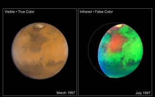 <h1>PIA01543:  Martian Colors Provide Clues About Martian Water</h1><div class="PIA01543" lang="en" style="width:800px;text-align:left;margin:auto;background-color:#000;padding:10px;max-height:150px;overflow:auto;">NASA Hubble Space Telescope images of Mars taken in visible and infrared light detail a rich geologic history and provide further evidence for water-bearing minerals on the planet's surface.<p>LEFT<p>This "true-color" image of Mars shows the planet as it would look to human eyes. It is clearly more Earth-toned than usually depicted in other astronomical images, including earlier Hubble pictures. The slightly bluer shade along the edges of the disk is due to atmospheric hazes and wispy water ice clouds (like cirrus clouds) in the early morning and late evening Martian sky. The yellowish-pink color of the northern polar cap indicates the presence of small iron-bearing dust particles. These particles are covering or are suspended in the air above the blue-white water ice and carbon dioxide ice, which make up the polar cap.<p>Accurate colors are needed to determine the composition and mineralogy of Mars. This can tell how water has influenced the formation of rocks and minerals found on Mars today, as well as the distribution and abundance of ice and subsurface liquid water. Confirmation of the presence of certain oxidized (rusted) minerals (processed by heat or water action) would imply the possibility of different, perhaps much more Earth-like, past Martian climate periods. Because the smallest features visible in this image are only about 14 miles (22 km) across, Hubble can track small-scale variations in the distribution of minerals that do not follow global trends. The image was generated from three separate Wide Field and Planetary Camera 2 images acquired at wavelengths of 410, 502, and 673 nanometers, in March 1997.<p>RIGHT<p>A false-color picture taken in infrared light reveals features that cannot be seen in visible light. Hubble's unique infrared view pinpoints variations in the abundance and distribution of unknown water-bearing minerals on the planet. While it has been known for decades that small amounts of water-bearing minerals exist on the planet's surface, the reddish regions in this image indicate areas of enhanced concentrations of these as-yet-unidentified deposits. They are perhaps related to the water-rich history of this part of Mars. In particular, the large reddish region known as Mare Acidalium was the site of massive flooding early in Martian history. (NASA's Pathfinder spacecraft landed at the southern edge of this region in 1997.) This composite image was taken in July 1997 with Hubble's Near Infrared Camera and Multi-Object Spectrometer. Red corresponds to the strength of an absorption band detected near 1450 nanometers; green to the brightness of the surface in the near-infrared; and blue to topographic elevation, determined from Viking Orbiter data.<br /><br /><a href="http://photojournal.jpl.nasa.gov/catalog/PIA01543" onclick="window.open(this.href); return false;" title="Voir l'image 	 PIA01543:  Martian Colors Provide Clues About Martian Water	  sur le site de la NASA">Voir l'image 	 PIA01543:  Martian Colors Provide Clues About Martian Water	  sur le site de la NASA.</a></div>