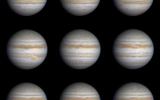 <h1>PIA02825:  Nine Frames as Jupiter Turns</h1><div class="PIA02825" lang="en" style="width:800px;text-align:left;margin:auto;background-color:#000;padding:10px;max-height:150px;overflow:auto;"><p>This sequence of nine true-color, narrow-angle images shows the varying appearance of Jupiter as it rotated through more than a complete 360-degree turn. The smallest features seen in this sequence are no bigger than about 380 kilometers (about 236 miles). Rotating more than twice as fast as Earth, Jupiter completes one rotation in about 10 hours. These images were taken on Oct. 22 and 23, 2000. From image to image (proceeding left to right across each row and then down to the next row), cloud features on Jupiter move from left to right before disappearing over the edge onto the nightside of the planet. The most obvious Jovian feature is the Great Red Spot, which can be seen moving onto the dayside in the third frame (below and to the left of the center of the planet). In the fourth frame, taken about 1 hour and 40 minutes later, the Great Red Spot has been carried by the planet's rotation to the east and does not appear again until the final frame, which was taken one complete rotation after the third frame.<p>Unlike weather systems on Earth, which change markedly from day to day, large cloud systems in Jupiter's colder, thicker atmosphere are long-lived, so the two frames taken one rotation apart have a very similar appearance. However, when this sequence of images is eventually animated, strong winds blowing eastward at some latitudes and westward at other latitudes will be readily apparent. The results of such differential motions can be seen even in the still frames shown here. For example, the clouds of the Great Red Spot rotate counterclockwise. The strong westward winds northeast of the Great Red Spot are deflected around the spot and form a wake of turbulent clouds downstream (visible in the fourth image), just as a rock in a rapidly flowing river deflects the fluid around it.<p>The equatorial zone on Jupiter is currently bright white, indicating the presence of clouds much like cirrus clouds on Earth, but made of ammonia instead of water ice. This is very different from Jupiter's appearance 20 years ago, when the equatorial zone was more of a brownish cast similar to the region just to its north.<p>At the northern edge of the equatorial zone, local regions colored a dark grayish-blue are places where the ammonia clouds have cleared allowing a view to deeper levels in Jupiter's atmosphere. Interrupting these relatively clear regions is a series of bright arrow-shaped equatorial plumes. The most obvious one is visible just above and to the right of center in the third and ninth frames. These plumes resemble the "anvil' clouds that accompany common summer thunderstorms on Earth, although the Jovian plumes are much bigger, and their somewhat regular spacing around the planet suggests an association with a planetary-scale wave motion. The southwest-northeast tilt of these plumes suggests that the winds in this region act to help maintain the eastward winds at this latitude.<p>In the dark belt north of the equatorial zone, a turbulent region with a white filamentary cloud is visible in the sixth frame, indicating rapidly changing wind direction. Several white ovals are visible at higher southern latitudes (toward the bottom of the fourth, fifth, and sixth frames, for example). These ovals, like the Great Red Spot, rotate counterclockwise and are similar in some respects to high-pressure systems on Earth.<p>When these images were taken, Cassini was about 3.3 degrees above Jupiter's equatorial plane, and the Sun-Jupiter-spacecraft angle was about 20 degrees.<p>JPL manages the Cassini mission for NASA's Office of Space Science, Washington, D.C. JPl is a division of the California Institute of Technology in Pasadena.<br /><br /><a href="http://photojournal.jpl.nasa.gov/catalog/PIA02825" onclick="window.open(this.href); return false;" title="Voir l'image 	 PIA02825:  Nine Frames as Jupiter Turns	  sur le site de la NASA">Voir l'image 	 PIA02825:  Nine Frames as Jupiter Turns	  sur le site de la NASA.</a></div>