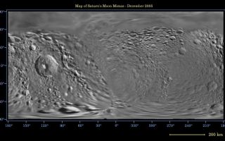 <h1>PIA07779:  Map of Mimas -- December 2005</h1><div class="PIA07779" lang="en" style="width:800px;text-align:left;margin:auto;background-color:#000;padding:10px;max-height:150px;overflow:auto;"><p>This global digital map of Saturn's moon Mimas was created using data taken during Cassini and Voyager spacecraft flybys. The map is an equidistant projection and has a scale of 434 meters (1,424 feet) per pixel.</p><p>The mean radius of Mimas used for projection of this map is 199 kilometers (124 miles). The resolution of the map is 8 pixels per degree.</p><p>The Cassini-Huygens mission is a cooperative project of NASA, the European Space Agency and the Italian Space Agency. The Jet Propulsion Laboratory, a division of the California Institute of Technology in Pasadena, manages the mission for NASA's Science Mission Directorate, Washington, D.C. The Cassini orbiter and its two onboard cameras were designed, developed and assembled at JPL. The imaging operations center is based at the Space Science Institute in Boulder, Colo.</p><p>For more information about the Cassini-Huygens mission visit <a href="http://saturn.jpl.nasa.gov">http://saturn.jpl.nasa.gov</a>. The Cassini imaging team homepage is at <a href="http://ciclops.org">http://ciclops.org</a>.</p><br /><br /><a href="http://photojournal.jpl.nasa.gov/catalog/PIA07779" onclick="window.open(this.href); return false;" title="Voir l'image 	 PIA07779:  Map of Mimas -- December 2005	  sur le site de la NASA">Voir l'image 	 PIA07779:  Map of Mimas -- December 2005	  sur le site de la NASA.</a></div>