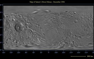<h1>PIA08344:  Map of Mimas - December 2006</h1><div class="PIA08344" lang="en" style="width:800px;text-align:left;margin:auto;background-color:#000;padding:10px;max-height:150px;overflow:auto;"><p>This global digital map of Saturn's moon Mimas was created using data taken by the Cassini spacecraft, with gaps in coverage filled in by NASA's Voyager spacecraft data. The map is an equidistant projection and has a scale of 400 meters (1,310 feet) per pixel. Equidistant projections preserve distances on a body, with some distortion of area and direction.</p><p>The mean radius of Mimas used for projection of this map is 198 kilometers (123 miles). This map is an update to the version released in December 2005. See <a href="/catalog/PIA07779">PIA07779</a>.</p><p>The Cassini-Huygens mission is a cooperative project of NASA, the European Space Agency and the Italian Space Agency. The Jet Propulsion Laboratory, a division of the California Institute of Technology in Pasadena, manages the mission for NASA's Science Mission Directorate, Washington, D.C. The Cassini orbiter and its two onboard cameras were designed, developed and assembled at JPL. The imaging operations center is based at the Space Science Institute in Boulder, Colo.</p><p>For more information about the Cassini-Huygens mission visit <a href="http://saturn.jpl.nasa.gov">http://saturn.jpl.nasa.gov/home/index.cfm</a>. The Cassini imaging team homepage is at <a href="http://ciclops.org">http://ciclops.org</a>.</p><br /><br /><a href="http://photojournal.jpl.nasa.gov/catalog/PIA08344" onclick="window.open(this.href); return false;" title="Voir l'image 	 PIA08344:  Map of Mimas - December 2006	  sur le site de la NASA">Voir l'image 	 PIA08344:  Map of Mimas - December 2006	  sur le site de la NASA.</a></div>