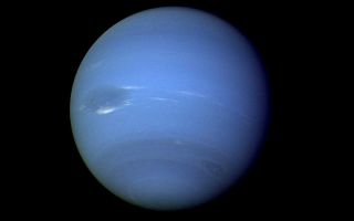 <h1>PIA00046:  Neptune Full Disk</h1><div class="PIA00046" lang="en" style="width:800px;text-align:left;margin:auto;background-color:#000;padding:10px;max-height:150px;overflow:auto;">During August 16 and 17, 1989, the Voyager 2 narrow-angle camera was used to photograph Neptune almost continuously, recording approximately two and one-half rotations of the planet. These images represent the most complete set of full disk Neptune images that the spacecraft will acquire. This picture from the sequence shows two of the four cloud features which have been tracked by the Voyager cameras during the past two months. The large dark oval near the western limb (the left edge) is at a latitude of 22 degrees south and circuits Neptune every 18.3 hours. The bright clouds immediately to the south and east of this oval are seen to substantially change their appearances in periods as short as four hours. The second dark spot, at 54 degrees south latitude near the terminator (lower right edge), circuits Neptune every 16.1 hours. This image has been processed to enhance the visibility of small features, at some sacrifice of color fidelity. The Voyager Mission is conducted by JPL for NASA's Office of Space Science and Applications.<br /><br /><a href="http://photojournal.jpl.nasa.gov/catalog/PIA00046" onclick="window.open(this.href); return false;" title="Voir l'image 	 PIA00046:  Neptune Full Disk	  sur le site de la NASA">Voir l'image 	 PIA00046:  Neptune Full Disk	  sur le site de la NASA.</a></div>