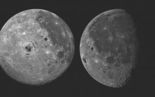 <h1>PIA00077:  Moon - 2 Views of Orientale Basin</h1><div class="PIA00077" lang="en" style="width:800px;text-align:left;margin:auto;background-color:#000;padding:10px;max-height:150px;overflow:auto;"><p>These pictures of the Moon were taken by the Galileo spacecraft at (right photo) 6:47 p.m. PST Dec.8, 1990 from a distance of almost 220,000 miles, and at (left photo) 9:35 a.m. PST Dec. 9, 1990 at a range of more than 350,000 miles. The picture on the right shows the dark Oceanus Procellarum in the upper center, with Mare Imbrium above it and the smaller circular Mare Humorum below. The Orientale Basin, with a small mare in its center, is on the lower left near the limb or edge. Between stretches the cratered highland terrain, with scattered bright young craters on highlands and maria alike. The picture at left shows the globe of the Moon rotated, putting Mare Imbrium on the eastern limb and moving the Orientale Basin almost to the center. The extent of the cratered highlands on the far side is very apparent. At lower left, near the limb, is the South Pole Aitken basin, similar to Orientale but very much older and some 1,200 miles in diameter. This feature was previously known as a large depression in the southern far side; this image shows its Orientale like structure and darkness relative to surrounding highlands.<br /><br /><a href="http://photojournal.jpl.nasa.gov/catalog/PIA00077" onclick="window.open(this.href); return false;" title="Voir l'image 	 PIA00077:  Moon - 2 Views of Orientale Basin	  sur le site de la NASA">Voir l'image 	 PIA00077:  Moon - 2 Views of Orientale Basin	  sur le site de la NASA.</a></div>