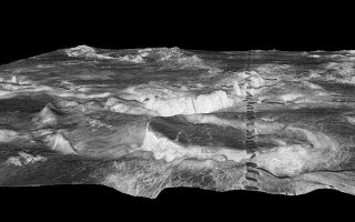 <h1>PIA00096:  Three-dimensional perspective views of Venusian Terrains composed of reduced resolution left-looking synthetic-aperture radar images merged with altimetry data from the Magellan spacecraft.</h1><div class="PIA00096" lang="en" style="width:723px;text-align:left;margin:auto;background-color:#000;padding:10px;max-height:150px;overflow:auto;">The view shows most of Galindo (V-40) quadrangle looking east; Atete Corona, in the foreground, is a 600-km-long and about 450-km-wide, circular volcano-tectonic feature. Coronae are believed to form over hot upwellings of magma within the Venusian mantle.<br /><br /><a href="http://photojournal.jpl.nasa.gov/catalog/PIA00096" onclick="window.open(this.href); return false;" title="Voir l'image 	 PIA00096:  Three-dimensional perspective views of Venusian Terrains composed of reduced resolution left-looking synthetic-aperture radar images merged with altimetry data from the Magellan spacecraft.	  sur le site de la NASA">Voir l'image 	 PIA00096:  Three-dimensional perspective views of Venusian Terrains composed of reduced resolution left-looking synthetic-aperture radar images merged with altimetry data from the Magellan spacecraft.	  sur le site de la NASA.</a></div>