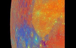 <h1>PIA00129:  Moon - False Color Mosaic</h1><div class="PIA00129" lang="en" style="width:696px;text-align:left;margin:auto;background-color:#000;padding:10px;max-height:150px;overflow:auto;"><p>This false-color mosaic of part of the Moon was constructed from 54 images taken by Galileo's imaging system as the spacecraft flew past the Moon on December 7, 1992. The mosaic images were processed to exaggerate the colors of the lunar surface for analytical purposes. Titanium-rich soils, typical of the Apollo 11 landing site, appear blue, as seen in Mare Tranquillitatis, left side; soils lower in titanium appear orange, as seen in Mare Serenitatis, center right. Most of the lunar highlands appear red, indicating their low titanium and iron composition. The Galileo project, whose primary mission is the exploration of the Jupiter system in 1995-97, is managed for NASA's Office of Space Science and Applications by the Jet Propulsion Laboratory.<br /><br /><a href="http://photojournal.jpl.nasa.gov/catalog/PIA00129" onclick="window.open(this.href); return false;" title="Voir l'image 	 PIA00129:  Moon - False Color Mosaic	  sur le site de la NASA">Voir l'image 	 PIA00129:  Moon - False Color Mosaic	  sur le site de la NASA.</a></div>