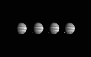 <h1>PIA00139:  Comet Shoemaker-Levy 9 Fragment W Impact With Jupiter</h1><div class="PIA00139" lang="en" style="width:800px;text-align:left;margin:auto;background-color:#000;padding:10px;max-height:150px;overflow:auto;">These four images of Jupiter and the luminous night-side impact of fragment W of Comet Shoemaker-Levy 9 were taken by the Galileo spacecraft on July 22, 1994. The spacecraft was 238 million kilometers (148 million miles) from Jupiter at the time, and 621 million kilometers from Earth. The spacecraft was about 40 degrees from Earth's line of sight to Jupiter, permitting this direct view. The images were taken at intervals of 2 1/3 seconds, using the green filter (visible light). The first image, taken at an equivalent time to 8:06:10 Greenwich Mean Time (1:06 a m. Pacific Daylight Time), shows no impact. In the next three images, a point of light appears, brightens so much as to saturate its picture element, and then fades again, seven seconds after the first picture. The location is approximately 44 degrees south as predicted, dark spots to the right are from previous impacts. Jupiter is approximately 60 picture elements in diameter. Galileo tape-recorded most of its observations of the Shoemaker-Levy events during the second week of July 1994 and has since been playing the tape back selectively. Many more pictures and data from other instruments remain to be returned from the spacecraft's tape recorder. Playbacks will continue through January 1995. It is not yet certain whether the data relate to meteor bolides (the comet fragment entering Jupiter's atmosphere) or to the subsequent explosion and fireball. Once all the Galileo, Hubble Space Telescope and groundbased data are integrated, an excellent start-to-finish characterization of these remarkable phenomena will be available. The Galileo project, whose primary mission is the exploration of the Jupiter system in 1995 through 1997, is managed by the Jet Propulsion Laboratory for NASA's Office of Space Science.<br /><br /><a href="http://photojournal.jpl.nasa.gov/catalog/PIA00139" onclick="window.open(this.href); return false;" title="Voir l'image 	 PIA00139:  Comet Shoemaker-Levy 9 Fragment W Impact With Jupiter	  sur le site de la NASA">Voir l'image 	 PIA00139:  Comet Shoemaker-Levy 9 Fragment W Impact With Jupiter	  sur le site de la NASA.</a></div>