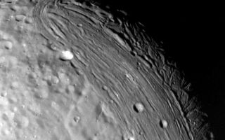 <h1>PIA00141:  Miranda's Geologic History (variety of terrain)</h1><div class="PIA00141" lang="en" style="width:774px;text-align:left;margin:auto;background-color:#000;padding:10px;max-height:150px;overflow:auto;">Miranda reveals a complex geologic history in this view, acquired by Voyager 2 on Jan. 24, 1986, around its close approach to the Uranian moon. At least three terrain types of different age and geologic style are evident at this resolution of about 700 meters (2,300 feet). Visible in this clear-filter, narrow-angle image are, from left: (1) an apparently ancient, cratered terrain consisting of rolling, subdued hills and degraded medium-sized craters (2) a grooved terrain with linear valleys and ridges developed at the expense of, or replacing, the first terrain type: and (3) a complex terrain seen along the terminator, in which intersecting curvilinear ridges and troughs are abruptly truncated by the linear, grooved terrain. Voyager scientists believe this third terrain type is intermediate in age between the first two. The Voyager project is managed for NASA by the Jet Propulsion Laboratory.<br /><br /><a href="http://photojournal.jpl.nasa.gov/catalog/PIA00141" onclick="window.open(this.href); return false;" title="Voir l'image 	 PIA00141:  Miranda's Geologic History (variety of terrain)	  sur le site de la NASA">Voir l'image 	 PIA00141:  Miranda's Geologic History (variety of terrain)	  sur le site de la NASA.</a></div>