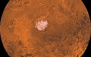 <h1>PIA00190:  MC-30 Mare Australe Region</h1><div class="PIA00190" lang="en" style="width:800px;text-align:left;margin:auto;background-color:#000;padding:10px;max-height:150px;overflow:auto;">Mars digital-image mosaic merged with color of the MC-30 quadrangle, Mare Australe region of Mars. The central part is dominated by a permanent residual ice cap that is enclosed by layered and troughed terrain. This cap is much smaller than the northern ice cap due to differing amounts of solar heating. The layered and troughed terrain is encircled by heavily and moderately cratered terrains that include unique depositional and erosional landforms, including large pits, troughs, and complex ridge systems. Latitude range -90 to -60 degrees, longitude range -180 to 180 degrees.<br /><br /><a href="http://photojournal.jpl.nasa.gov/catalog/PIA00190" onclick="window.open(this.href); return false;" title="Voir l'image 	 PIA00190:  MC-30 Mare Australe Region	  sur le site de la NASA">Voir l'image 	 PIA00190:  MC-30 Mare Australe Region	  sur le site de la NASA.</a></div>