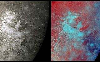 <h1>PIA00334:  Crater Rays on Ganymede</h1><div class="PIA00334" lang="en" style="width:800px;text-align:left;margin:auto;background-color:#000;padding:10px;max-height:150px;overflow:auto;">This mosaic of Voyager 2 images taken July 9, 1979, shows a prominent rayed crater on Jupiter's icy moon, Ganymede. The view on the left is a monochrome image, and that on the right is the same scene shown in false color designed to accentuate the icy ejecta rays splashed out by the impact. This crater is about 150 km (93 miles) across. Like several other large craters in this scene, the rayed one has a central pit, whose origins remain speculative but may involve impact melting or solid-state fluidization of the icy crust. Bright crater rays on Ganymede, like those on our own Moon, are useful to geologists because they constitute a set of features that were laid across the moon's surface at a discrete point in time--thus they serve as time markers that can be used to establish the sequence of events that shaped Ganymede's surface. For instance, the crater rays appear to be painted over, hence are younger than, areas of grooved terrain (lower left quadrant), whereas a somewhat smaller crater at the center of the scene has icy ejecta that appears to bury (hence, post-dates) the large crater ray system. One can conclude that the grooved terrain formed first, then the large crater and its rays, and then the smaller crater and its fresh icy ejecta deposits.<br /><br /><a href="http://photojournal.jpl.nasa.gov/catalog/PIA00334" onclick="window.open(this.href); return false;" title="Voir l'image 	 PIA00334:  Crater Rays on Ganymede	  sur le site de la NASA">Voir l'image 	 PIA00334:  Crater Rays on Ganymede	  sur le site de la NASA.</a></div>