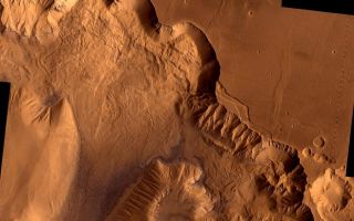 <h1>PIA00425:  Ophir Chasma</h1><div class="PIA00425" lang="en" style="width:800px;text-align:left;margin:auto;background-color:#000;padding:10px;max-height:150px;overflow:auto;"><p>During its examination of Mars, the Viking 1 spacecraft returned images of Valles Marineris, a huge canyon system 5,000 km long, up to 240 km wide, and 6.5 km deep, whose connected chasma or valleys may have formed from a combination of erosional collapse and structural activity. This synthetic oblique view shows Ophir Chasma, the northern most one of the connected valleys of Valles Marineris; north toward top of frame; for scale, the large impact crater in lower right corner is 30 km (18 miles) wide.</p><p>This point-perspective, digital image, centered at latitude 4 degrees S., longitude 71 degrees, is a composite of Viking 1 Orbiter high-resolution (about 80 m/pixel or picture element) images in black and white and low-resolution (about 250 m/pixel) images in color; no vertical exaggeration. The Viking 1 craft landed on Mars in July of 1976.</p><p>Ophir Chasma is a large west-northwest-trending trough about 100 km wide. The Chasma is bordered by 4 km high walled cliffs, most likely faults, that show spur-and-gully morphology and smooth sections. The walls have been dissected by landslides forming reentrants; one area (upper left) on the north wall shows a young landslide about 100 km wide. The volume of the landslide debris is more than 1000 times greater than that from the May 18, 1980 debris avalanche from Mount St. Helens. The longitudinal grooves seen in the foreground are thought to be due to differential shear and lateral spreading at high velocities. The landslide passes between mounds of interior layered deposits on the floor of the chasma.<br /><br /><a href="http://photojournal.jpl.nasa.gov/catalog/PIA00425" onclick="window.open(this.href); return false;" title="Voir l'image 	 PIA00425:  Ophir Chasma	  sur le site de la NASA">Voir l'image 	 PIA00425:  Ophir Chasma	  sur le site de la NASA.</a></div>