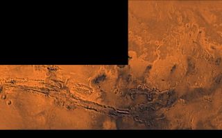 <h1>PIA00426:  Valles Marineris and Chryse Outflow Channels</h1><div class="PIA00426" lang="en" style="width:800px;text-align:left;margin:auto;background-color:#000;padding:10px;max-height:150px;overflow:auto;"><p>A color image of Valles Marineris, the great canyon and the south Chryse basin-Valles Marineris outflow channels of Mars; north toward top. The scene shows the entire Valles Marineris canyon system, over 3,000 km long and averaging 8 km deep, extending from Noctis Labyrinthus, the arcuate system of graben to the west, to the chaotic terrain to the east and related outflow canyons that drain toward the Chryse basin. Eos and Capri Chasmata (south to north) are two canyons connected to Valles Marineris. Ganges Chasma lies directly north. The chaos in the southeast part of the image gives rise to several outflow channels, Shalbatana, Simud, Tiu, and Ares Valles (left to right), that drained north into the Chryse basin. The mouth of Ares Valles is the site of the Mars Pathfinder lander.</p><p>This image is a composite of Viking medium-resolution images in black and white and low-resolution images in color; Mercator projection. The image roughly extends from latitude 20 degrees S. to 20 degrees N. and from longitude 15 degrees to 102.5 degrees.</p><p>The connected chasma or valleys of Valles Marineris may have formed from a combination of erosional collapse and structural activity. Layers of material in the eastern canyons might consist of carbonates deposited in ancient lakes, eolian deposits, or volcanic materials. Huge ancient river channels began from Valles Marineris and from adjacent canyons and ran north. Many of the channels flowed north into Chryse Basin.</p><p>The south Chryse outflow channels are cut an average of 1 km into the cratered highland terrain. This terrain is about 9 km above datum near Valles Marineris and steadily decreases in elevation to 1 km below datum in the Chryse basin. Shalbatana is relatively narrow (10 km wide) but can reach 3 km in depth. The channel begins at a 2- to 3-km-deep circular depression within a large impact crater, whose floor is partly covered by chaotic material, and ends in Simud Valles. Tiu and Simud Valles consist of a complex of connected channel floors and chaotic terrain and extend as far south as and connect to eastern Valles Marineris. Ares Vallis originates from discontinuous patches of chaotic terrain within large craters. In the Chryse basin the Ares channel forks; one branch continues northwest into central Chryse Planitia and the other extends north into eastern Chryse Planitia.</p><br /><br /><a href="http://photojournal.jpl.nasa.gov/catalog/PIA00426" onclick="window.open(this.href); return false;" title="Voir l'image 	 PIA00426:  Valles Marineris and Chryse Outflow Channels	  sur le site de la NASA">Voir l'image 	 PIA00426:  Valles Marineris and Chryse Outflow Channels	  sur le site de la NASA.</a></div>