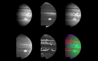 <h1>PIA00582:  Jupiter's Multi-level Clouds</h1><div class="PIA00582" lang="en" style="width:800px;text-align:left;margin:auto;background-color:#000;padding:10px;max-height:150px;overflow:auto;">Clouds and hazes at various altitudes within the dynamic Jovian atmosphere are revealed by multi-color imaging taken by the Near-Infrared Mapping Spectrometer (NIMS) onboard the Galileo spacecraft. These images were taken during the second orbit (G2) on September 5, 1996 from an early-morning vantage point 2.1 million kilometers (1.3 million miles) above Jupiter. They show the planet's appearance as viewed at various near-infrared wavelengths, with distinct differences due primarily to variations in the altitudes and opacities of the cloud systems. The top left and right images, taken at 1.61 microns and 2.73 microns respectively, show relatively clear views of the deep atmosphere, with clouds down to a level about three times the atmospheric pressure at the Earth's surface.<p>By contrast, the middle image in top row, taken at 2.17 microns, shows only the highest altitude clouds and hazes. This wavelength is severely affected by the absorption of light by hydrogen gas, the main constituent of Jupiter's atmosphere. Therefore, only the Great Red Spot, the highest equatorial clouds, a small feature at mid-northern latitudes, and thin, high photochemical polar hazes can be seen. In the lower left image, at 3.01 microns, deeper clouds can be seen dimly against gaseous ammonia and methane absorption. In the lower middle image, at 4.99 microns, the light observed is the planet's own indigenous heat from the deep, warm atmosphere.<p>The false color image (lower right) succinctly shows various cloud and haze levels seen in the Jovian atmosphere. This image indicates the temperature and altitude at which the light being observed is produced. Thermally-rich red areas denote high temperatures from photons in the deep atmosphere leaking through minimal cloud cover; green denotes cool temperatures of the tropospheric clouds; blue denotes cold of the upper troposphere and lower stratosphere. The polar regions appear purplish, because small-particle hazes allow leakage and reflectivity, while yellowish regions at temperate latitudes may indicate tropospheric clouds with small particles which also allow leakage. A mix of high and low-altitude aerosols causes the aqua appearance of the Great Red Spot and equatorial region.<p>The Jet Propulsion Laboratory manages the Galileo mission for NASA's Office of Space Science, Washington, DC.<p>This image and other images and data received from Galileo are posted on the World Wide Web Galileo mission home page at http://galileo.jpl.nasa.gov.<br /><br /><a href="http://photojournal.jpl.nasa.gov/catalog/PIA00582" onclick="window.open(this.href); return false;" title="Voir l'image 	 PIA00582:  Jupiter's Multi-level Clouds	  sur le site de la NASA">Voir l'image 	 PIA00582:  Jupiter's Multi-level Clouds	  sur le site de la NASA.</a></div>