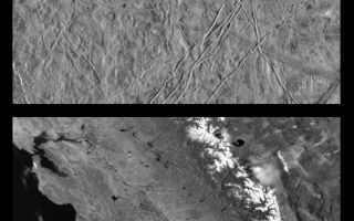 <h1>PIA00595:  Icy Europa and similar scales on Earth</h1><div class="PIA00595" lang="en" style="width:674px;text-align:left;margin:auto;background-color:#000;padding:10px;max-height:150px;overflow:auto;">This is the first in a series of products that compare images at increasing resolutions of various areas on Jupiter's <a href="/catalog/PIA00539">icy moon Europa</a> (top frame) to the same location on Earth, the San Francisco Bay area of California (bottom frame). Both images show areas of roughly equal size, 252 by 393 kilometers (157 by 244 miles), and resolution, 630 meters (690 yards). This means that the smallest identifiable feature is less than a mile across (2 pixels wide). North is to the top of the picture.<p>The sun illumination from the right in the Europa image reveals several ridges crossing the scene, plateaus commonly several miles (10 km) across, and patches of smooth, low-lying darker materials. No prominent impact craters are visible, indicating the surface in this location is not geologically ancient. Some ridges have gaps, and subtle textural differences in these areas indicate that missing ridge segments probably were swept away by volcanic flows. The flow deposits are probably composed mainly of water ice, the chief constituent of the surface of Europa.<p>The Earth based image (lower frame) covers an area stretching from San Francisco Bay (top left) to the Nevada border (top right) and from Mono Lake in (top center) to the Mojave Desert (bottom right). Other predominant geographic features include the snow capped Sierra Nevada Mountains and California's Great Central Valley (center frame).<p>The Europa image was obtained from a range of 62089 kilometers (39028 miles) by the Solid State Imaging (CCD) system aboard NASA's Galileo spacecraft on December 19th, 1996 (Universal Time). The San Francisco Bay area image, from the NOAA satellite's Advanced Very High Resolution Radiometer (AVHRR) instrument, has been reprocessed to roughly match Galileo's resolution so as to offer a sense of the size of the features visible on Europa's surface.<p>The Jet Propulsion Laboratory, Pasadena, CA, manages the mission for NASA's Office of Space Science, Washington D.C. This image and other images and data received from Galileo are posted on the World Wide Web Galileo mission home page at: http://galileo.jpl.nasa.gov.<br /><br /><a href="http://photojournal.jpl.nasa.gov/catalog/PIA00595" onclick="window.open(this.href); return false;" title="Voir l'image 	 PIA00595:  Icy Europa and similar scales on Earth	  sur le site de la NASA">Voir l'image 	 PIA00595:  Icy Europa and similar scales on Earth	  sur le site de la NASA.</a></div>