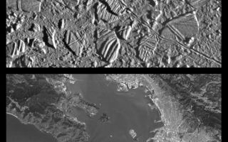 <h1>PIA00597:  Europa Ice Rafts and similar scales on Earth</h1><div class="PIA00597" lang="en" style="width:750px;text-align:left;margin:auto;background-color:#000;padding:10px;max-height:150px;overflow:auto;">This is the third in a series of five products at increasing resolutions that compare images of various areas on Jupiter's <a href="/catalog/PIA00591">moon Europa</a> (top frame) to the same location on Earth, the San Francisco Bay area of California (bottom frame). Both images show areas of equal size, 34 by 42 kilometers (21 by 26 miles), and resolution, 54 meters (59 yards). North is to the top of the picture.<p>This high resolution image shows Europa's ice-rich crust with crustal plates ranging up to 13 kilometers (8 miles) across, which have been broken apart and "rafted" into new positions, superficially resembling the disruption of pack-ice on polar seas during spring thaws on Earth. The size and geometry of these features suggest that motion was enabled by ice-crusted water or soft ice close to the surface at the time of disruption. This Europa image is centered at 9.4 degrees north latitude, 274 degrees west longitude,<p>The San Francisco Bay portion of this image pair helps to give the viewer some sense of scale as it relates to the size of the Europa "ice rafts." Look, for example, at the cratered "ice raft" in the lower left hand portion of the Europa image. Compare that to such features in the Bay area image as Treasure Island Naval Station, (center frame) and the San Francisco International Airport (bottom right). Also in this image, at 54 meters resolution, structural features such as the Golden Gate Bridge and the Bay Bridge are clearly visible.<p>The Europa image was obtained from a range of 5,340 kilometers (3,320 miles) by the Solid State Imaging (CCD) system aboard NASA's Galileo spacecraft on February 20th, 1997 (Universal Time). The San Francisco Bay area image, from the LandSat Thematic Mapper, has been reprocessed to match Galileo's resolution so as to offer a sense of the size of the features visible on Europa's surface.<p>The Jet Propulsion Laboratory, Pasadena, CA manages the mission for NASA's Office of Space Science, Washington, DC.<p>This image and other images and data received from Galileo are posted on the World Wide Web, on the Galileo mission home page at URL http://galileo.jpl.nasa.gov. Background information and educational context for the images can be found at <a href="http://www2.jpl.nasa.gov/galileo/sepo/" target="_blank">http://www.jpl.nasa.gov/galileo/sepo</a>..<br /><br /><a href="http://photojournal.jpl.nasa.gov/catalog/PIA00597" onclick="window.open(this.href); return false;" title="Voir l'image 	 PIA00597:  Europa Ice Rafts and similar scales on Earth	  sur le site de la NASA">Voir l'image 	 PIA00597:  Europa Ice Rafts and similar scales on Earth	  sur le site de la NASA.</a></div>