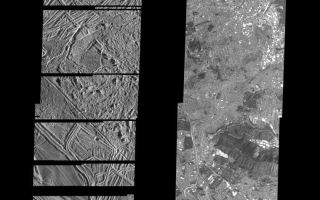 <h1>PIA00598:  Structurally Complex Surface of Europa and similar scales on Earth</h1><div class="PIA00598" lang="en" style="width:760px;text-align:left;margin:auto;background-color:#000;padding:10px;max-height:150px;overflow:auto;">This is the fourth in a series of five products at increasing resolutions that compare images of various areas on Jupiter's <a href="/catalog/PIA00543">icy moon Europa</a> (left frame) to the same location on Earth, the San Francisco Bay area of California (right frame). Both images show areas of equal size, 17 by 49 kilometers (11 by 30 miles), and resolution, 30 meters (100 feet). North is to the top of the picture.<p>The frame on the left is a mosaic of two images of Europa and shows the surface to be structurally complex. The sun illuminates the scene from the east, revealing complex overlapping ridges and fractures in the upper and lower portions of the frame, and rugged, more chaotic terrain in the center. Lateral faulting is revealed where ridges show offsets along their lengths (upper left of the frame). Missing ridge segments indicate obliteration of pre-existing materials and emplacement of new terrain (center of the frame).<p>The surface of San Francisco rivals that of Europa. In this 30 meter resolution comparison image, the complex pattern of city streets is clearly visible as are the many piers that line the water front district (upper right). This Bay area scene is also illuminated from the east. Notice the shadow of the Bay Bridge on the surface of the water as it makes its way to Oakland and the east bay. In the upper left corner, a ship can be seen making its way to the mouth of the bay.<p>The Europa image was obtained from a range of 3410 kilometers (2119 miles) by the Solid State Imaging (CCD) system aboard NASA's Galileo spacecraft on December 19th, 1996 (Universal Time). The San Francisco Bay area image, from the LandSat Thematic Mapper, has been reprocessed to match Galileo's resolution so as to offer a sense of the size of the features visible on Europa's surface.<p>The Jet Propulsion Laboratory, Pasadena, CA manages the mission for NASA's Office of Space Science, Washington, DC. This image and other images and data received from Galileo are posted on the World Wide Web, on the Galileo mission home page at URL http://galileo.jpl.nasa.gov. Background information and educational context for the images can be found at <a href="http://www2.jpl.nasa.gov/galileo/sepo/" target="_blank">http://www.jpl.nasa.gov/galileo/sepo</a>..<br /><br /><a href="http://photojournal.jpl.nasa.gov/catalog/PIA00598" onclick="window.open(this.href); return false;" title="Voir l'image 	 PIA00598:  Structurally Complex Surface of Europa and similar scales on Earth	  sur le site de la NASA">Voir l'image 	 PIA00598:  Structurally Complex Surface of Europa and similar scales on Earth	  sur le site de la NASA.</a></div>