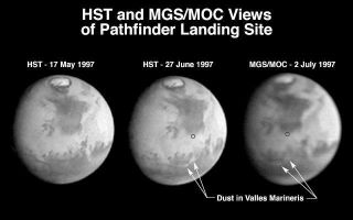 <h1>PIA00607:  Hubble and Mars Global Surveyor Views of Dust Storm on Mars</h1><div class="PIA00607" lang="en" style="width:640px;text-align:left;margin:auto;background-color:#000;padding:10px;max-height:150px;overflow:auto;">A comparison of images taken by the Hubble Space Telescope Wide Field/Planetary Camera (HST/WFPC) and the Mars Global Surveyor Orbiter Camera (MGS/MOC) shows the progress of a regional dust storm within the Valles Marineris canyons on Mars. The first HST image (left), taken in mid-May, shows no dust within the canyons. The most recent HST image (center), taken on 27 June in support of the Mars Pathfinder landing activities, shows a dust storm filling part of the canyon system and extending into the chaotic terrains at the eastern end of the canyons. The MGS/MOC image (right), acquired on July 2, shows that bright dust continues to fill the valleys. However, it does not appear to have moved significantly north of the previously observed position, suggesting that the storm remains confined to the canyon region, and does not appear to directly threaten the Pathfinder landing site (small black circle).<p>The HST images shown here have been reduced in scale to match that of the MGS/MOC image. Although the HST is 10 times farther from Mars than MGS, its images are sharper because its resolving power is 15 times better than the MOC, and the light gathering area is almost 50 times greater. However, MGS is presently 45,000 times farther from Mars than it will be when the MOC begins its primary photography mission. At 400 km above the martian surface, the MOC wide angle camera will collect daily images at a resolution of 7.5 km/pixel, compared to HST's best of about 20 km/pixel. The narrow angle camera will observe portions of Mars at better than 1.5 m/pixel.<p>The Mars Global Surveyor is operated by the Mars Surveyor Operations Project managed for NASA by the Jet Propulsion Laboratory, Pasadena CA. The Mars Orbiter Camera is a duplicate of one of the six instruments originally developed for the Mars Observer mission. It was built and is operated under contract to JPL by an industry/university team led by Malin Space Science Systems, San Diego, CA.<br /><br /><a href="http://photojournal.jpl.nasa.gov/catalog/PIA00607" onclick="window.open(this.href); return false;" title="Voir l'image 	 PIA00607:  Hubble and Mars Global Surveyor Views of Dust Storm on Mars	  sur le site de la NASA">Voir l'image 	 PIA00607:  Hubble and Mars Global Surveyor Views of Dust Storm on Mars	  sur le site de la NASA.</a></div>