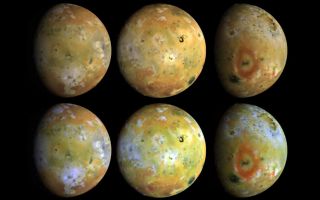 <h1>PIA00715:  Full Disk Views of Io (Natural and Enhanced Color)</h1><div class="PIA00715" lang="en" style="width:800px;text-align:left;margin:auto;background-color:#000;padding:10px;max-height:150px;overflow:auto;">Three views of the full disk of Jupiter's volcanic moon, Io, each shown in natural and enhanced color. These three views, taken by Galileo in late June 1996, show about 75 percent of Io's surface. North is up. The top disks are intended to show the satellite in natural color (but colors will vary with display devices) while the bottom disks show enhanced color (near-infrared-, green-, and violet-filtered images) to highlight details of the surface. These images reveal that some areas on Io are truly red, whereas much of the surface is yellow or light greenish. (Accurate natural color renditions were not possible from the Voyager images taken during the 1979 flybys because there was no coverage in the red.) The reddish materials may be associated with very recent fragmental volcanic deposits (pyroclastics) erupted in the form of volcanic plumes. Dark materials appear in flows and on caldera floors. Bright white materials correspond to sulfur dioxide frost, and bright yellow materials appear to be in new flows such as those surrounding Ra Patera. The red material may be unstable since the color appears to fade over time. This fading appears to occur most rapidly in the equatorial region and more slowly over the polar regions; surface temperature may control the rate of transformation. Comparisons of these images to those taken by the Voyager spacecraft 17 years ago have revealed that many changes have occurred on Io. Since that time, about a dozen areas at least as large as the state of Connecticut have been resurfaced. Io's diameter is 3632 km. The Jet Propulsion Laboratory, Pasadena, CA manages the mission for NASA's Office of Space Science, Washington, DC. This image and other images and data received from Galileo are posted on the World Wide Web, on the Galileo mission home page at URL http://galileo.jpl.nasa.gov. Background information and educational context for the images can be found at <a href="http://www2.jpl.nasa.gov/galileo/sepo/" target="_blank">http://www.jpl.nasa.gov/galileo/sepo</a>..<br /><br /><a href="http://photojournal.jpl.nasa.gov/catalog/PIA00715" onclick="window.open(this.href); return false;" title="Voir l'image 	 PIA00715:  Full Disk Views of Io (Natural and Enhanced Color)	  sur le site de la NASA">Voir l'image 	 PIA00715:  Full Disk Views of Io (Natural and Enhanced Color)	  sur le site de la NASA.</a></div>