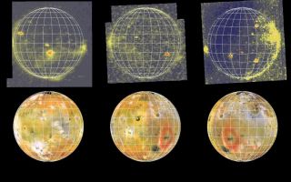 <h1>PIA00739:  Eclipse Images of Io (3 views)</h1><div class="PIA00739" lang="en" style="width:800px;text-align:left;margin:auto;background-color:#000;padding:10px;max-height:150px;overflow:auto;">These three images of Io in eclipse (top) show volcanic hot spots and airglow associated with volcanic plumes and Io's atmosphere. They were acquired by NASA's Galileo spacecraft during three separate orbits of Jupiter when the moon was in Jupiter's shadow. Brightnesses are color-coded from red which displays the highest intensity to dark blue which displays zero intensity (no light).<p>Below them are the corresponding views of Io in reflected sunlight, reprojected from a global mosaic of images obtained during Galileo's first and second orbits of Jupiter. These lit views help to identify the locations of the hot spots seen in the eclipse images. The grid marks are at 15 degree intervals of latitude and longitude. North is to the top.<p>In the eclipse images (top) small red ovals and perhaps some small green areas are due to thermal emission from volcanic hot spots with temperatures hotter than about 700 kelvin (about 1000 degrees Fahrenheit). Diffuse greenish areas seen near the limb or edge of the moon are probably the result of auroral and/or airglow emissions of neutral species of oxygen or sulfur in volcanic plumes and in Io's patchy atmosphere.<p>All images were acquired by the solid state imaging (CCD) system on NASA's Galileo spacecraft. The top left image was obtained during the spacecraft's fourth orbit (E4) on December 17, 1996, the top middle image during the sixth orbit (E6) on February 21, 1997, and the top right image during the first orbit (G1) on June 29th, 1996. The relatively long exposures used to obtain these eclipse images lead to some smearing of the picture elements which reduces the actual resolution. Unsmeared they would have resolutions of 17.6, 9.1, and 10.5 kilometers per picture element respectively (left to right).<p>The Jet Propulsion Laboratory, Pasadena, CA manages the Galileo mission for NASA's Office of Space Science, Washington, DC. JPL is an operating division of California Institute of Technology (Caltech).<p>Concurrent results from Galileo's exploration of Io appear in the October 15th, 1997 issue of Geophysical Research Letters. The papers are:  Temperature and Area Constraints of the South Volund Volcano on Io from the NIMS and SSI Instruments during the Galileo G1 Orbit, by A.G. Davies, A.S. McEwen, R. Lopes-Gautier, L. Keszthelyi, R.W. Carlson and W.D. Smythe.  High-temperature hot spots on Io as seen by the Galileo Solid-State Imaging (SSI) experiment, by A. McEwen, D. Simonelli, D. Senske, K. Klassen, L. Keszthelyi, T. Johnson, P. Geissler, M. Carr, and M. Belton.  Io: Galileo evidence for major variations in regolith properties, by D. Simonelli, J. Veverka, and A. McEwen.<p>This image and other images and data received from Galileo are posted on the World Wide Web, on the Galileo mission home page at URL http://galileo.jpl.nasa.gov. Background information and educational context for the images can be found at <a href="http://www2.jpl.nasa.gov/galileo/sepo/" target="_blank">http://www.jpl.nasa.gov/galileo/sepo</a>..<br /><br /><a href="http://photojournal.jpl.nasa.gov/catalog/PIA00739" onclick="window.open(this.href); return false;" title="Voir l'image 	 PIA00739:  Eclipse Images of Io (3 views)	  sur le site de la NASA">Voir l'image 	 PIA00739:  Eclipse Images of Io (3 views)	  sur le site de la NASA.</a></div>