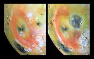 <h1>PIA00744:  Arizona-sized Io Eruption</h1><div class="PIA00744" lang="en" style="width:800px;text-align:left;margin:auto;background-color:#000;padding:10px;max-height:150px;overflow:auto;">These images of Jupiter's volcanic moon, Io, show the results of a dramatic event that occurred on the fiery satellite during a five-month period. The changes, captured by the solid state imaging (CCD) system on NASA's Galileo spacecraft, occurred between the time Galileo acquired the left frame, during its seventh orbit of Jupiter, and the right frame, during its tenth orbit. A new dark spot, 400 kilometers (249 miles) in diameter, which is roughly the size of Arizona, surrounds a volcanic center named Pillan Patera. Galileo imaged a 120 kilometer (75 mile) high plume erupting from this location during its ninth orbit. Pele, which produced the larger plume deposit southwest of Pillan, also appears different than it did during the seventh orbit, perhaps due to interaction between the two large plumes. Pillan's plume deposits appear dark at all wavelengths. This color differs from the very red color associated with Pele, but is similar to the deposits of Babbar Patera, the dark feature southwest of Pele. Some apparent differences between the images are not caused by changes on Io's surface, but rather are due to differences in illumination, emission and phase angles. This is particularly apparent at Babbar Patera.<p>North is to the top of the images. The left frame was acquired on April 4th, 1997, while the right frame was taken on Sept. 19th, 1997. The images were obtained at ranges of 563,000 kilometers (350,000 miles) for the left image, and 505,600 kilometers (314,165 miles) for the right.<p>The Jet Propulsion Laboratory, Pasadena, CA manages the Galileo mission for NASA's Office of Space Science, Washington, DC.<p>This image and other images and data received from Galileo are posted on the World Wide Web, on the Galileo mission home page at URL http://galileo.jpl.nasa.gov. Background information and educational context for the images can be found at <a href="http://www2.jpl.nasa.gov/galileo/sepo/" target="_blank">http://www.jpl.nasa.gov/galileo/sepo</a>...<br /><br /><a href="http://photojournal.jpl.nasa.gov/catalog/PIA00744" onclick="window.open(this.href); return false;" title="Voir l'image 	 PIA00744:  Arizona-sized Io Eruption	  sur le site de la NASA">Voir l'image 	 PIA00744:  Arizona-sized Io Eruption	  sur le site de la NASA.</a></div>