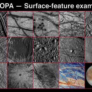 <h1>PIA00746:  Various Landscapes and Features on Europa</h1><div class="PIA00746" lang="en" style="width:800px;text-align:left;margin:auto;background-color:#000;padding:10px;max-height:150px;overflow:auto;">DESCRIPTIONS AND APPROXIMATE RESOLUTIONSRidges and Lineaments<p>27 meters/pixelTriple Bands<p>1.6 kilometers/pixelDark Spots<p>1.6 kilometers/pixel"Pull-apart" Terrain<p>1.6 kilometers/pixel"Raft" Terrain<p>250 meters/pixelFlows<p>225 meters/pixel"Puddle"<p>27 meters/pixelMottled Terrain<p>35 meters/pixelKnobs<p>1.6 kilometers/pixelPits<p>1.6 kilometers/pixelCrater<p>300 meters/pixelCrater Ejecta<p>1.4 kilometers/pixe "Macula"<p>600 meters/pixelIR-Bright/Dark Terrain<p>1.6 kilometers/pixelGlobal View<p>7 kilometers/pixel<p><p>These 15 frames show the great variety of surface features on Jupiter's icy moon, Europa, which have been revealed by the Galileo spacecraft Solid State Imaging (CCD) system during its first six orbits around Jupiter from June 1996 to February 1997. North is to the top of each of the images. The features seen on Europa's surface document both internal and external processes shaping the icy crust. Internal processes and the possible presence of liquid water beneath the ice are indicated by features such as "dark spots", lobe-shaped flow features, "puddles", "mottled terrain", knobs, pits, and the darker areas along ridges and triple bands.<p>Europa is subjected to constant tugging from the giant planet, Jupiter, as well as from its neighboring moons, Io and Ganymede. This causes "tidal" forces that affect Europa's interior and surface. Evidence for such forces includes ridges, fractures, wedge-shaped bands, and areas of "chaos." Some of these features result from alternate extension and compression buckling and pulling apart Europa's icy shell.<p>Impact craters document external effects on a planet's surface. Although present on Europa, impact craters are relatively scarce compared to the number seen on Ganymede, Callisto, and on the surfaces of most other "rocky" planets and moons in our solar system. This scarcity of craters suggests that the surface of Europa is very young. "Maculae" on Europa may be the scars from large impact events.<p>These images have resolutions from 27 meters (89 feet) to 7 kilometers (4.3 miles) per picture element (pixel) and were taken by Galileo at ranges of 2,500 kilometers (1,525 miles) to 677,000 kilometers (413,000 miles) from Europa.<p>Beginning with the upper left corner and moving left to right, top to bottom, the images show:<p>1. Ridges and lineaments crisscross the icy shell of Europa's surface. These are the most common landform on Europa and may represent either ejection of material from beneath its icy shell, or crumpling of the shell itself. Features as small as 54 meters (179 feet) across can be seen in this image, taken when Galileo was 2,550 kilometers (1,560 miles) from Europa.<p>2. Triple bands, seen by Voyager as linear features with a bright center and dark flanks, crisscross the surface of Europa. In high resolution Galileo images, these bands resolve into multiple ridges with diffuse darker deposits along the edges. Features as small as 3.2 kilometers (2 miles) across can be seen in this image, taken when Galileo was 155,000 kilometers (94,550 miles) from Europa.<p>3. Several "dark spots", areas of lower albedo (brightness) than the surrounding icy crust of Europa. These features, first identified in Voyager images, are seen to have diffuse outer margins and little topography. Features as small as 3.2 kilometers (2 miles) across can be seen in this image, taken when Galileo was 155,000 kilometers (94,550 miles) from Europa.<p>4. Wedge shaped bands of lower albedo than the surrounding areas. These areas appear to represent places where Europa's icy crust has been pulled apart and new material has filled in the area between the diverging ice sheets. Features as small as 3.2 kilometers (2 miles) across can be seen in this image, taken when Galileo was 155,000 kilometers (94,550 miles) from Europa.<p>5. An area known as "Conamara Chaos", characterized by polygonal sections of Europa's icy crust that broadly resemble icebergs. Individual ice RraftsS have been tilted, rotated and displaced from their original positions for distances of several kilometers. This terrain suggests that liquid water or ductile ice was present near the surface. Features as small as 500 meters (1,650 feet) across can be seen in this image, taken when Galileo was 17,936 kilometers (10,941 miles) from Europa.<p>6. Lobe shaped features that appear to be the icy equivalent of lava flows on Earth. Material has "erupted" through the icy shell and flowed over the surface of Europa for up to 30 kilometers (18 miles). Features as small as 450 meters (1,490 feet) across can be seen in this image, taken when Galileo was 17,684 kilometers (10,787 miles) from Europa.<p>7. A "puddle" of smooth material that appears to have buried parts of ridges. This feature is highly suggestive of liquid water or a water/ice slurry that locally flooded the European surface. The central crater is a coincidental feature produced by the subsequent impact of a meteor. Features as small as 54 meters (179 feet) across can be seen in this image, taken when Galileo was 2,491 kilometers (1,520 miles) from Europa.<p>8. A high resolution view of "mottled" terrain on Europa. This terrain, first discovered by Voyager was imaged at much higher resolution by Galileo. It is characterized by local darkening of the icy surface, in association with numerous small hills or "hummocks." The origin of this terrain remains enigmatic. Features as small as 70 meters (232 feet) across can be seen in this image, taken when Galileo was 3,344 kilometers (2,040 miles) from Europa.<p>9. Isolated hills or "knobs" on the surface of Europa. Although surface relief on Europa is typically very small (<br /><br /><a href="http://photojournal.jpl.nasa.gov/catalog/PIA00746" onclick="window.open(this.href); return false;" title="Voir l'image 	 PIA00746:  Various Landscapes and Features on Europa	  sur le site de la NASA">Voir l'image 	 PIA00746:  Various Landscapes and Features on Europa	  sur le site de la NASA.</a></div>