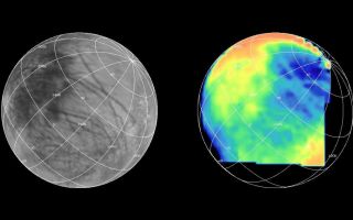 <h1>PIA00834:  NIMS G1 Observation of Europa</h1><div class="PIA00834" lang="en" style="width:800px;text-align:left;margin:auto;background-color:#000;padding:10px;max-height:150px;overflow:auto;"><p>The Near Infrared Mapping Spectrometer (NIMS) on the Galileo spacecraft imaged most of Europa, including the north polar regions, at high spectral resolution at a range of 156,000 km (97,500 miles) during the G1 encounter on June 28 1996. The image on the right shows Europa as seen by NIMS, centered on 25 degrees N latitude, 220 W longitude. This is the hemisphere that always faces away from Jupiter. The image on the left shows the same view point from the Voyager data (from the encounters in 1979 and 1980). The NIMS image is in the 1.5 micron water band, in the infrared part of the spectrum. Comparison of the two images, infrared to visible, shows a marked brightness contrast in the NIMS 1.5 micron water band from area to area on the surface of Europa, demonstrating the sensitivity of NIMS to compositional changes. NIMS spectra show surface compositions ranging from pure water ice to mixtures of water and other minerals which appear bright in the infrared.</p><p>The Jet Propulsion Laboratory, Pasadena, CA manages the mission for NASA's Office of Space Science, Washington, DC.</p><p>This image and other images and data received from Galileo are posted on the World Wide Web, on the Galileo mission home page at URL <a href="http://www2.jpl.nasa.gov/galileo/sepo/" target="_blank">http://www.jpl.nasa.gov/galileo/sepo</a>.<br /><br /><a href="http://photojournal.jpl.nasa.gov/catalog/PIA00834" onclick="window.open(this.href); return false;" title="Voir l'image 	 PIA00834:  NIMS G1 Observation of Europa	  sur le site de la NASA">Voir l'image 	 PIA00834:  NIMS G1 Observation of Europa	  sur le site de la NASA.</a></div>