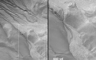 <h1>PIA01038:  Evidence for Recent Liquid Water on Mars: Channels and Aprons in East Gorgonum Crater</h1><div class="PIA01038" lang="en" style="width:800px;text-align:left;margin:auto;background-color:#000;padding:10px;max-height:150px;overflow:auto;"><a href="/figures/moc2_241a.jpg"></a><br><b>Warning!</b>This link leads to a very large image that may be too long for some web browsers <br>(in these cases, you must save the link to your desktop and view with other software)<a href="/figures/moc2_241b.gif"></a><br><br><br><br><p>This suite of Mars Global Surveyor (MGS) Mars Orbiter Camera (MOC) pictures provides a vista of martian gullies on the northern wall of a 12 kilometer-(7.4 mile)-wide meteor impact crater east of the Gorgonum Chaos region on the red planet.<p>The first picture (above left) is a composite of three different high resolution MOC views obtained in 1999 and 2000. The second picture (above right)shows the location of the high resolution views relative to the whole crater as it appeared in the highest resolution image previously acquired of the area, taken by the Viking 1 orbiter in 1978. The release image (top) shows a close-up of one of the channels and debris aprons found in the northwestern quarter of the impact crater.<p>Some of the channels in this crater are deeply-entrenched and cut into lighter-toned deposits. The numerous channels and apron deposits indicate that many tens to hundreds of individual events involving the flow of water and debris have occurred here. The channels and aprons have very crisp, sharp relief and there are no small meteor impact craters on them, suggesting that these features are extremely young relative to the 4.5 billion year history of Mars. It is possible that these landforms are still being created by water seeping from the layered rock in the crater wall today.<p>The crater has no name and it is located near 37.4°S, 168.0°W. The composite view in (above left) includes a picture taken by MOC on September 10, 1999, a picture obtained April 26, 2000, and another on May 22, 2000. The scene from left to right (including the dark gap between photos) covers an area approximately 7.6 kilometers (4.7 miles) wide by 18 km (11.1 mi) long. Sunlight illuminates the scene from the upper left. MOC high resolution images are taken black-and-white (grayscale); the color seen here has been synthesized from the colors of Mars observed by the MOC wide angle cameras and by the Viking Orbiters in the late 1970s.<br /><br /><a href="http://photojournal.jpl.nasa.gov/catalog/PIA01038" onclick="window.open(this.href); return false;" title="Voir l'image 	 PIA01038:  Evidence for Recent Liquid Water on Mars: Channels and Aprons in East Gorgonum Crater	  sur le site de la NASA">Voir l'image 	 PIA01038:  Evidence for Recent Liquid Water on Mars: Channels and Aprons in East Gorgonum Crater	  sur le site de la NASA.</a></div>