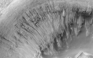 <h1>PIA01039:  Evidence for Recent Liquid Water on Mars: Channeled Aprons in a Small Crater within Newton Crater</h1><div class="PIA01039" lang="en" style="width:800px;text-align:left;margin:auto;background-color:#000;padding:10px;max-height:150px;overflow:auto;"><a href="/figures/moc2_242b.gif"></a><br><br><p>Newton Crater is a large basin formed by an asteroid impact that probably occurred more than 3 billion years ago. It is approximately 287 kilometers (178 miles) across. The picture shown here (top) highlights the north wall of a specific, smaller crater located in the southwestern quarter of Newton Crater (above). The crater of interest was also formed by an impact; it is about 7 km (4.4 mi) across, which is about 7 times bigger than the famous Meteor Crater in northern Arizona in North America.<p>The north wall of the small crater has many narrow gullies eroded into it. These are hypothesized to have been formed by flowing water and debris flows. Debris transported with the water created lobed and finger-like deposits at the base of the crater wall where it intersects the floor (bottom center top image). Many of the finger-like deposits have small channels indicating that a liquid--most likely water--flowed in these areas. Hundreds of individual water and debris flow events might have occurred to create the scene shown here. Each outburst of water from higher upon the crater slopes would have constituted a competition between evaporation, freezing, and gravity.<p>The individual deposits at the ends of channels in this MOC image mosaic were used to get a rough estimate of the minimum amount of water that might be involved in each flow event. This is done first by assuming that the deposits are like debris flows on Earth. In a debris flow, no less than about 10% (and no more than 30%) of their volume is water. Second, the volume of an apron deposit is estimated by measuring the area covered in the MOC image and multiplying it by a conservative estimate of thickness, 2 meters (6.5 feet). For a flow containing only 10% water, these estimates conservatively suggest that about 2.5 million liters (660,000 gallons) of water are involved in each event; this is enough to fill about 7 community-sized swimming pools or enough to supply 20 people with their water needs for a year.<p>The MOC high resolution view is located near 41.1°S, 159.8°W and is a mosaic of three different pictures acquired between January and May 2000. The MOC scene is illuminated from the left; north is up. The context picture was acquired in 1977 by the Viking 1 orbiter and is illuminated from the upper right.<br /><br /><a href="http://photojournal.jpl.nasa.gov/catalog/PIA01039" onclick="window.open(this.href); return false;" title="Voir l'image 	 PIA01039:  Evidence for Recent Liquid Water on Mars: Channeled Aprons in a Small Crater within Newton Crater	  sur le site de la NASA">Voir l'image 	 PIA01039:  Evidence for Recent Liquid Water on Mars: Channeled Aprons in a Small Crater within Newton Crater	  sur le site de la NASA.</a></div>