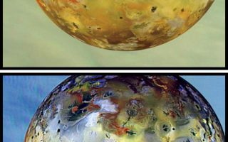 <h1>PIA01064:  Global View of Io (Natural and False/Enhanced Color)</h1><div class="PIA01064" lang="en" style="width:635px;text-align:left;margin:auto;background-color:#000;padding:10px;max-height:150px;overflow:auto;">Global view of Jupiter's volcanic moon Io obtained on 07 September, 1996 Universal Time using the near-infrared, green, and violet filters of the Solid State Imaging system aboard NASA/JPL's Galileo spacecraft. The top disk is intended to show the satellite in natural color, similar to what the human eye would see (but colors will vary with display devices), while the bottom disk shows enhanced color to highlight surface details. The reddest and blackest areas are closely associated with active volcanic regions and recent surface deposits. Io was imaged here against the clouds of Jupiter. North is to the top of the frames. The finest details that can discerned in these frames are about 4.9 km across.<p>The Jet Propulsion Laboratory, Pasadena, CA manages the Galileo mission for NASA's Office of Space Science, Washington, DC. JPL is an operating division of California Institute of Technology (Caltech).<p>This image and other images and data received from Galileo are posted on the World Wide Web, on the Galileo mission home page at URL http://galileo.jpl.nasa.gov. Background information and educational context for the images can be found at <a href="http://www2.jpl.nasa.gov/galileo/sepo/" target="_blank">http://www.jpl.nasa.gov/galileo/sepo</a>..<br /><br /><a href="http://photojournal.jpl.nasa.gov/catalog/PIA01064" onclick="window.open(this.href); return false;" title="Voir l'image 	 PIA01064:  Global View of Io (Natural and False/Enhanced Color)	  sur le site de la NASA">Voir l'image 	 PIA01064:  Global View of Io (Natural and False/Enhanced Color)	  sur le site de la NASA.</a></div>