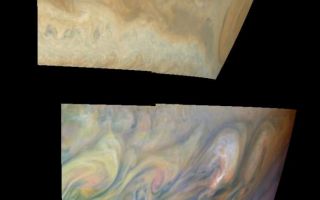 <h1>PIA01093:  Turbulent Region Near Jupiter's Great Red Spot</h1><div class="PIA01093" lang="en" style="width:685px;text-align:left;margin:auto;background-color:#000;padding:10px;max-height:150px;overflow:auto;">True and false color mosaics of the turbulent region west of Jupiter's Great Red Spot. The Great Red Spot is on the planetary limb on the right hand side of each mosaic. The region west (left) of the Great Red Spot is characterized by large, turbulent structures that rapidly change in appearance. The turbulence results from the collision of a westward jet that is deflected northward by the Great Red Spot into a higher latitude eastward jet. The large eddies nearest to the Great Red Spot are bright, suggesting that convection and cloud formation are active there.<p>The top mosaic combines the violet (410 nanometers) and near infrared continuum (756 nanometers) filter images to create a mosaic similar to how Jupiter would appear to human eyes. Differences in coloration are due to the composition and abundance of trace chemicals in Jupiter's atmosphere. The lower mosaic uses the Galileo imaging camera's three near-infrared (invisible) wavelengths (756 nanometers, 727 nanometers, and 889 nanometers displayed in red, green, and blue) to show variations in cloud height and thickness. Light blue clouds are high and thin, reddish clouds are deep, and white clouds are high and thick. Purple most likely represents a high haze overlying a clear deep atmosphere. Galileo is the first spacecraft to distinguish cloud layers on Jupiter.<p>The mosaic is centered at 16.5 degrees south planetocentric latitude and 85 degrees west longitude. The north-south dimension of the Great Red Spot is approximately 11,000 kilometers. The smallest resolved features are tens of kilometers in size. North is at the top of the picture. The images used were taken on June 26, 1997 at a range of 1.2 million kilometers (1.05 million miles) by the Solid State Imaging (SSI) system on NASA's Galileo spacecraft.<p>The Jet Propulsion Laboratory, Pasadena, CA manages the Galileo mission for NASA's Office of Space Science, Washington, DC. JPL is an operating division of California Institute of Technology (Caltech).<p>This image and other images and data received from Galileo are posted on the World Wide Web, on the Galileo mission home page at URL http://galileo.jpl.nasa.gov.<br /><br /><a href="http://photojournal.jpl.nasa.gov/catalog/PIA01093" onclick="window.open(this.href); return false;" title="Voir l'image 	 PIA01093:  Turbulent Region Near Jupiter's Great Red Spot	  sur le site de la NASA">Voir l'image 	 PIA01093:  Turbulent Region Near Jupiter's Great Red Spot	  sur le site de la NASA.</a></div>