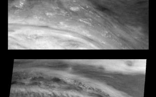 <h1>PIA01119:  Changes in Jupiter's Great Red Spot After Four Months</h1><div class="PIA01119" lang="en" style="width:800px;text-align:left;margin:auto;background-color:#000;padding:10px;max-height:150px;overflow:auto;">Northeast (upper right) quadrant of Jupiter's Great Red Spot in June and November 1996. The top panel shows the region in near-infrared light (732 nanometers) on June 26, 1996. The bottom panel shows the same region at 757 nanometers on November 5, 1996. Both images show features in Jupiter's main visible cloud deck. A westward (to the left) jet is deflected northward by the Great Red Spot in this region. Cloud features, possibly including thunderstorms, were actively changing during the June encounter. The deflection around the Red Spot appears to be less during the November encounter. Small thunderstorm-like clouds are once again present. The bottom image was taken with the high resolution mode of the camera that allows features twice as small to be detected.<p>North is at the top. The images are approximately 6000 kilometers from north to south and 15,000 kilometers from east to west. They are centered at 14 degrees latitude and 314 and 353 degrees west longitude, respectively. The smallest resolved features are tens of kilometers in size. These images were taken by the Solid State Imaging system aboard NASA's Galileo spacecraft.<p>The Jet Propulsion Laboratory, Pasadena, CA manages the mission for NASA's Office of Space Science, Washington, DC.<p>This image and other images and data received from Galileo are posted on the World Wide Web, on the Galileo mission home page at URL http://galileo.jpl.nasa.gov. Background information and educational context for the images can be found at <a href="http://www2.jpl.nasa.gov/galileo/sepo/" target="_blank">http://www.jpl.nasa.gov/galileo/sepo</a>..<br /><br /><a href="http://photojournal.jpl.nasa.gov/catalog/PIA01119" onclick="window.open(this.href); return false;" title="Voir l'image 	 PIA01119:  Changes in Jupiter's Great Red Spot After Four Months	  sur le site de la NASA">Voir l'image 	 PIA01119:  Changes in Jupiter's Great Red Spot After Four Months	  sur le site de la NASA.</a></div>