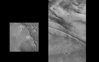 <h1>PIA01157:  Schiaparelli Crater Rim and Interior Deposits</h1><div class="PIA01157" lang="en" style="width:800px;text-align:left;margin:auto;background-color:#000;padding:10px;max-height:150px;overflow:auto;">A portion of the rim and interior of the large impact crater Schiaparelli is seen at different resolutions in images acquired October 18, 1997 by the Mars Global Surveyor Orbiter Camera (MOC) and by the Viking Orbiter 1 twenty years earlier. The left image is a MOC wide angle camera "context" image showing much of the eastern portion of the crater at roughly 1 km (0.6 mi) per picture element. The image is about 390 by 730 km (240 X 450 miles). Shown within the wide angle image is the outline of a portion of the best Viking image (center, 371S53), acquired at a resolution of about 240 m/pixel (790 feet). The area covered is 144 X 144 km (89 X 89 miles). The right image is the high resolution narrow angle camera view. The area covered is very small--3.9 X 10.2 km (2.4 X 6.33 mi)--but is seen at 63 times higher resolution than the Viking image. The subdued relief and bright surface are attributed to blanketing by dust; many small craters have been completely filled in, and only the most recent (and very small) craters appear sharp and bowl-shaped. Some of the small craters are only 10-12 m (30-35 feet) across. Occasional dark streaks on steeper slopes are small debris slides that have probably occurred in the past few decades. The two prominent, narrow ridges in the center of the image may be related to the adjustment of the crater floor to age or the weight of the material filling the basin.<p>Malin Space Science Systems (MSSS) and the California Institute of Technology built the MOC using spare hardware from the Mars Observer mission. MSSS operates the camera from its facilities in San Diego, CA. The Jet Propulsion Laboratory's Mars Surveyor Operations Project operates the Mars Global Surveyor spacecraft with its industrial partner, Lockheed Martin Astronautics, from facilities in Pasadena, CA and Denver, CO.<br /><br /><a href="http://photojournal.jpl.nasa.gov/catalog/PIA01157" onclick="window.open(this.href); return false;" title="Voir l'image 	 PIA01157:  Schiaparelli Crater Rim and Interior Deposits	  sur le site de la NASA">Voir l'image 	 PIA01157:  Schiaparelli Crater Rim and Interior Deposits	  sur le site de la NASA.</a></div>