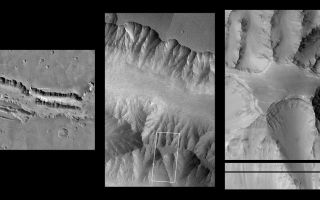 <h1>PIA01167:  Layers within the Valles Marineris: Clues to the Ancient Crust of Mars</h1><div class="PIA01167" lang="en" style="width:800px;text-align:left;margin:auto;background-color:#000;padding:10px;max-height:150px;overflow:auto;"><p>This high resolution picture (right) of the Martian surface was obtained in the early evening of January 1, 1998 by the Mars Orbiter Camera (MOC), shortly after the Mars Global Surveyor spacecraft began it's 80th orbit. Seen in this view are a plateau and surrounding steep slopes within the Valles Marineris, the large system of canyons that stretches 4000 km (2500 mi) along the equator of Mars. The image covers a tiny fraction of the canyons at very high resolution: it extends only 9.8 km by 17.3 km (6.1 mi by 10.7 mi) but captures features as small as 6 m (20 ft) across. The highest terrain in the image is the relatively smooth plateau near the center. Slopes descend to the north and south (upper and lower part of image, respectively) in broad, debris-filled gullies with intervening rocky spurs. Multiple rock layers, varying from a few to a few tens of meters thick, are visible in the steep slopes on the spurs and gullies. Layered rocks on Earth form from sedimentary processes (such as those that formed the layered rocks now seen in Arizona's Grand Canyon) and volcanic processes (such as layering seen in the Waimea Canyon on the island of Kauai). Both origins are possible for the Martian layered rocks seen in this image. In either case, the total thickness of the layered rocks seen in this image implies a complex and extremely active early history for geologic processes on Mars.<p>The left and center "context" images are Viking mosaics reproduced at scales of 230 meters/pixel and 80 meters/pixel respectively. Outlines in these two images represent the location of the higher resolution image(s).<p>Malin Space Science Systems (MSSS) and the California Institute of Technology built the MOC using spare hardware from the Mars Observer mission. MSSS operates the camera from its facilities in San Diego, CA. The Jet Propulsion Laboratory's Mars Surveyor Operations Project operates the Mars Global Surveyor spacecraft with its industrial partner, Lockheed Martin Astronautics, from facilities in Pasadena, CA and Denver, CO.<br /><br /><a href="http://photojournal.jpl.nasa.gov/catalog/PIA01167" onclick="window.open(this.href); return false;" title="Voir l'image 	 PIA01167:  Layers within the Valles Marineris: Clues to the Ancient Crust of Mars	  sur le site de la NASA">Voir l'image 	 PIA01167:  Layers within the Valles Marineris: Clues to the Ancient Crust of Mars	  sur le site de la NASA.</a></div>
