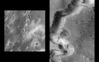 <h1>PIA01169:  Nanedi Vallis: Sustained Water FLow?</h1><div class="PIA01169" lang="en" style="width:800px;text-align:left;margin:auto;background-color:#000;padding:10px;max-height:150px;overflow:auto;">This picture of a canyon on the Martian surface was obtained a few minutes after 10 PM PST, January 8, 1998 by the Mars Orbiter Camera (MOC), during the 87th orbit around Mars of the Mars Global Surveyor spacecraft. It shows the canyon of Nanedi Vallis, one of the Martian valley systems cutting through cratered plains in the Xanthe Terra region of Mars. The picture covers an area 9.8 km by 18.5 km (6.1 mi by 11.5 mi), and features as small as 12 m (39 ft) can be seen. The canyon is about 2.5 km (1.6 mi) wide. Rocky outcrops are found along the upper canyon walls; weathered debris is found on the lower canyon slopes and along the canyon floor. The origin of this canyon is enigmatic: some features, such as terraces within the canyon (as seen near the top of the frame) and the small 200 m (660 ft) wide channel (also seen near the top of the frame) suggest continual fluid flow and downcutting. Other features, such as the lack of a contributing pattern of smaller channels on the surface surrounding the canyon, box-headed tributaries, and the size and tightness of the apparent meanders (as seen, for example, in the Viking image 897A32, left), suggest formation by collapse. It is likely that both continual flow and collapse have been responsible for the canyon as it now appears. Further observations, especially in areas west of the present image, will be used to help separate the relative effects of these and other potential formation and modification processes.<p>Malin Space Science Systems (MSSS) and the California Institute of Technology built the MOC using spare hardware from the Mars Observer mission. MSSS operates the camera from its facilities in San Diego, CA. The Jet Propulsion Laboratory's Mars Surveyor Operations Project operates the Mars Global Surveyor spacecraft with its industrial partner, Lockheed Martin Astronautics, from facilities in Pasadena, CA and Denver, CO.<br /><br /><a href="http://photojournal.jpl.nasa.gov/catalog/PIA01169" onclick="window.open(this.href); return false;" title="Voir l'image 	 PIA01169:  Nanedi Vallis: Sustained Water FLow?	  sur le site de la NASA">Voir l'image 	 PIA01169:  Nanedi Vallis: Sustained Water FLow?	  sur le site de la NASA.</a></div>