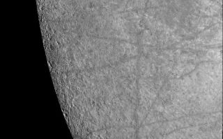 <h1>PIA01212:  Near-Terminator Image of Europa</h1><div class="PIA01212" lang="en" style="width:800px;text-align:left;margin:auto;background-color:#000;padding:10px;max-height:150px;overflow:auto;">This image of Europa's surface was obtained by the Solid State Imaging (CCD) system on board NASA's Galileo spacecraft during its fourth orbit of Jupiter, Linear features with bright central stripes referred to as "triple bands" are seen to transect the surface of Europa. Several of these triple bands are over 700 kilometers in length. In the left side of the image the surface of Europa is seen to be locally pitted and irregular. Ridges less than 100 kilometers in length are also visible in this region.<p>The area seen in this image, centered near 27 degrees South, 300 degrees West, is 760 kilometers (456 miles) by 850 kilometers (510 miles) across, which is approximately the size of the state of Texas or the country of France. North is to the top of the image, with the sun illuminating the surface from the left. The image which has a resolution of 1.3 kilometers per picture element (pixel) was obtained on December 19th, 1996 (Universal Time).<p>The Jet Propulsion Laboratory, Pasadena, CA manages the mission for NASA's Office of Space Science, Washington, DC.<p>This image and other images and data received from Galileo are posted on the World Wide Web, on the Galileo mission home page at URL http://galileo.jpl.nasa.gov. Background information and educational context for the images can be found at <a href="http://www2.jpl.nasa.gov/galileo/sepo/" target="_blank">http://www.jpl.nasa.gov/galileo/sepo</a>..<br /><br /><a href="http://photojournal.jpl.nasa.gov/catalog/PIA01212" onclick="window.open(this.href); return false;" title="Voir l'image 	 PIA01212:  Near-Terminator Image of Europa	  sur le site de la NASA">Voir l'image 	 PIA01212:  Near-Terminator Image of Europa	  sur le site de la NASA.</a></div>