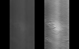 <h1>PIA01236:  Cydonia Region</h1><div class="PIA01236" lang="en" style="width:380px;text-align:left;margin:auto;background-color:#000;padding:10px;max-height:150px;overflow:auto;">Mars Orbiter Camera (MOC) image of a 4.42 by 82.94 km area of the Cydonia Region. The left image is raw, the right has been filtered and contrast enhanced. A full resolution, TIFF formatted version of this image is available for direct downloading here: <a href="/tiff/PIA01236.tiff">PIA01236.tiff</a>. Warning: This image is 4.2 Megabytes in size!<p>Orbit: 220<p>Range: 444.21 km<p>Resolution: 4.32 m/pixel<p>Image dimensions: 4.42 km X 82.94 km<p>Line time: 0.69 msec<p>Emission angle: 44.66 degrees<p>Incidence angle: 64.96 degrees<p>Phase angle: 61.97 degrees<p>Scan rate: ~0.1 degree/sec<p>Start time: periapsis + 375 sec<p>Sequence submitted to JPL: Sat 04/04/98 15:15 PST<p>Image acquired by MOC: Sun 04/05/98 00:39:37 PST<p>Data retrieved from JPL: Mon 04/06/98 9:05 PDT<br /><br /><a href="http://photojournal.jpl.nasa.gov/catalog/PIA01236" onclick="window.open(this.href); return false;" title="Voir l'image 	 PIA01236:  Cydonia Region	  sur le site de la NASA">Voir l'image 	 PIA01236:  Cydonia Region	  sur le site de la NASA.</a></div>