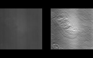 <h1>PIA01237:  Cydonia Region - detail</h1><div class="PIA01237" lang="en" style="width:800px;text-align:left;margin:auto;background-color:#000;padding:10px;max-height:150px;overflow:auto;">Detail cut out of PIA01235, Mars Orbiter Camera (MOC) image of a 4.42 by 82.94 km area of the Cydonia Region. The left image is raw, the right has been filtered and contrast enhanced.<p><p>Orbit: 220<p>Range: 444.21 km<p>Resolution: 4.32 m/pixel<p>Emission angle: 44.66 degrees<p>Incidence angle: 64.96 degrees<p>Phase angle: 61.97 degrees<p>Scan rate: ~0.1 degree/sec<p>Start time: periapsis + 375 sec<p>Sequence submitted to JPL: Sat 04/04/98 15:15 PST<p>Image acquired by MOC: Sun 04/05/98 00:39:37 PST<p>Data retrieved from JPL: Mon 04/06/98 09:05 PDT<br /><br /><a href="http://photojournal.jpl.nasa.gov/catalog/PIA01237" onclick="window.open(this.href); return false;" title="Voir l'image 	 PIA01237:  Cydonia Region - detail	  sur le site de la NASA">Voir l'image 	 PIA01237:  Cydonia Region - detail	  sur le site de la NASA.</a></div>