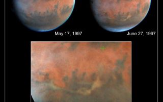 <h1>PIA01245:  Hubble's Look at Mars Shows Canyon Dust Storm, Cloudy Conditions for Pathfinder Landing</h1><div class="PIA01245" lang="en" style="width:800px;text-align:left;margin:auto;background-color:#000;padding:10px;max-height:150px;overflow:auto;"><p>Hubble Space Telescope images of Mars, taken on June 27, 1997, reveal a significant dust storm which fills much of the Valles Marineris canyon system and extends into Xanthe Terra, about 600 miles (1000 kilometers) south of the landing site.<p>It is difficult to predict the evolution of this storm and whether it will affect the Pathfinder observations.<p>The pictures were taken in order to monitor the site in Ares Vallis where the Pathfinder spacecraft will land on July 4.<p>The two images of Mars at the top of the figure are Hubble observations from June 27 (right) and May 17 (left). Visual comparison of these two images clearly shows the dust storm between 5 and 7 o'clock and about 2/3 of the way from the center of the planet's disk to the southern edge of the June image.<p>The digital data were projected to form the map of the equatorial portion of the planet which is shown in the bottom portion of the figure. The green cross marks the location of the Pathfinder landing site, and the yellowish ribbon of dust which runs horizontally across the bottom of the map traces the location of Valles Marineris, a system of canyons which would stretch from Los Angeles to New York if placed on Earth.<p>Most of the dust is confined within the canyons, which are up to 5-8 kilometers deep. The thickness of the dust cloud near the eastern end of the storm is similar to that observed by Viking lander 1 during the first of the two 1977 global dust storms which it studied.<p>Other interesting features appear in this image. The northwestern portions of the planet are enveloped in unusually thick water ice clouds, similar to cirrus clouds on Earth; some clouds extend as far as Lunae Planum, the slightly darker region about halfway from the center to the left side of the map. The dark spot near the terminator (boundary between day and night) at about 9:00 in the June 27 planet image is Ascraeus Mons, a 27 kilometer high volcano, protruding through the clouds.<p>The remnant north polar cap, composed of water ice, is at the top of the May and June images, and a bluish south polar hood, composed of water ice clouds, is seen along the southern edge. Because the planet's axis is tipped towards us during this season, we cannot see the south polar cap, which is in winter darkness.<p>This image and other images and data received from the Hubble Space Telescope are posted on the World Wide Web on the Space Telescope Science Institute home page at URL <a href="http://oposite.stsci.edu/" class="external free" target="wpext">http://oposite.stsci.edu/</a>.<br /><br /><a href="http://photojournal.jpl.nasa.gov/catalog/PIA01245" onclick="window.open(this.href); return false;" title="Voir l'image 	 PIA01245:  Hubble's Look at Mars Shows Canyon Dust Storm, Cloudy Conditions for Pathfinder Landing	  sur le site de la NASA">Voir l'image 	 PIA01245:  Hubble's Look at Mars Shows Canyon Dust Storm, Cloudy Conditions for Pathfinder Landing	  sur le site de la NASA.</a></div>