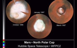 <h1>PIA01247:  Seasonal Changes in Mars' North Polar Ice Cap</h1><div class="PIA01247" lang="en" style="width:800px;text-align:left;margin:auto;background-color:#000;padding:10px;max-height:150px;overflow:auto;"><p>These images, which seem to have been taken while NASA's Hubble Space Telescope (HST) was looking directly down on the Martian North Pole, were actually created by assembling mosaics of three sets of images taken by HST in October, 1996 and in January and March, 1997 and projecting them to appear as they would if seen from above the pole. This first mosaic is a view which could not actually be seen in nature because at this season a portion of the pole would have actually been in shadow; the last view, taken near the summer solstice, would correspond to the Midnight Sun on Earth with the pole fully illuminated all day. The resulting polar maps begin at 50 degrees N latitude and are oriented with 0 degrees longitude at the 12 o'clock position. This series of pictures captures the seasonal retreat of Mars' north polar cap.<p>October 1996 (early spring in the Northern hemisphere): In this map, assembled from images obtained between Oct. 8 and 15, the cap extends down to 60 degrees N latitude, nearly it's maximum winter extent. (The notches are areas where Hubble data were not available). A thin, comma-shaped cloud of dust can be seen as a salmon-colored crescent at the 7 o'clock position. The cap is actually fairly circular about the geographic pole at this season; the bluish "knobs" where the cap seems to extend further are actually clouds that occurred near the edges of the three separate sets of images used to make the mosaic.<p>January 1997 (mid-spring): Increased warming as spring progresses in the northern hemisphere has sublimated the carbon dioxide ice and frost below 70 degrees north latitude. The faint darker circle inside the cap boundary marks the location of circumpolar sand dunes (see March '97 map); these dark dunes are warmed more by solar heating than are the brighter surroundings, so the surface frost sublimates from the dunes earlier than from the neighboring areas. Particularly evident is the marked hexagonal shape of the polar cap at this season, noted previously by HST in 1995 and Mariner 9 in 1972; this may be due to topography, which isn't well known, or to wave structure in the circulation. This map was assembled from WFPC2 images obtained between Dec. 30, 1996 and Jan. 4, 1997.<p>March 30, 1997 (early summer): The cap has fully retreated to its remnant core of water-ice. This residual cap is actually almost cut into two by a large, horn-shaped canyon called Chasma Borealis which is cut deeply into the polar terrain. The HST images also reveal a curious layered terrain which is evidence of past climatic changes on Mars. The sublimation of all of the carbon dioxide has exposed the ring of dark sand dunes which encircle the North Polar Cap. Outliers of ice persist south of the polar sand sea (between the 3 o'clock and 9 o'clock positions). The bright circular features at 3, 6, and 9 o'clock are ice-filled craters.<p>All images were taken with the Wide Field and Planetary Camera 2. The color is constructed from images taken in red (673 nm) , blue (410 nm) and green (502 nm) light. The resolution at the North Pole ranges from about 115 km/pixel in October '96 to about 45 km/pixel in March '97.<p>This image and other images and data received from the Hubble Space Telescope are posted on the World Wide Web on the Space Telescope Science Institute home page at URL <a href="http://oposite.stsci.edu/" class="external free" target="wpext">http://oposite.stsci.edu/</a>.<br /><br /><a href="http://photojournal.jpl.nasa.gov/catalog/PIA01247" onclick="window.open(this.href); return false;" title="Voir l'image 	 PIA01247:  Seasonal Changes in Mars' North Polar Ice Cap	  sur le site de la NASA">Voir l'image 	 PIA01247:  Seasonal Changes in Mars' North Polar Ice Cap	  sur le site de la NASA.</a></div>