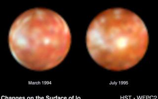 <h1>PIA01260:  Hubble Discovers Bright New Spot on Io</h1><div class="PIA01260" lang="en" style="width:800px;text-align:left;margin:auto;background-color:#000;padding:10px;max-height:150px;overflow:auto;"><p>This NASA Hubble Space Telescope pair of images of Jupiter's volcanic moon Io shows the surprising emergence of a 200-mile diameter large yellowish-white feature near the center of the moon's disk (photo on the right). This is a more dramatic change in 16 months than any seen over the previous 15 years, say researchers. They suggest the spot may be a new class of transient feature on the moon. For comparison the photo on the left was taken in March 1994 -- before the spot emerged - - and shows that Io's surface had undergone only subtle changes since it was last seen close-up by the Voyager 2 probe in 1979. The new spot seen in the July 1995 Hubble image replaces a smaller whitish spot seen in about the same place in the March 1994 image. Note the much more subtle changes seen elsewhere on this face of Io over the 16 months between the images. Each image is a composite of frames taken at near-ultraviolet, violet, and yellow wavelengths, with Hubble's Wide Field and Planetary Camera 2. "The new spot surrounds the volcano Ra Patera, which was photographed by Voyager, and is probably composed of material, probably frozen gas, ejected from Ra Patera by a large volcanic explosion or fresh lava flows...," according to John Spencer of Lowell Observatory in Flagstaff, Arizona. The new bright spot is also unusual because it is much yellower than other bright regions of Io, which are whitish in color. The unusual color may result from the freshness of the deposit and will probably provide clues as to the composition of new volcanic materials on Io. The temperature on Io's surface is about -150 degrees Celsius (-238 degrees Fahrenheit); however, "hot spots" associated with volcanic activity may be as warm as 1,000 degrees Celsius (1,800 degrees Fahrenheit). Follow-up observations by Hubble, in coordination with the Galileo spacecraft, scheduled to arrive at Jupiter and fly by Io in December 1995, will reveal the evolution and lifetime of the new feature. Galileo will be able to see much greater detail on Io in visible light, but will still rely on information gleaned from Hubble UV observations and Hubble observations taken at times when Galileo cannot observe Io. These further observations should also tell whether astronomers have witnessed, for the first time, one of the processes which creates the bright regions on Io.<p>This image and other images and data received from the Hubble Space Telescope are posted on the World Wide Web on the Space Telescope Science Institute home page at URL <a href="http://oposite.stsci.edu/" class="external free" target="wpext">http://oposite.stsci.edu/</a>.<br /><br /><a href="http://photojournal.jpl.nasa.gov/catalog/PIA01260" onclick="window.open(this.href); return false;" title="Voir l'image 	 PIA01260:  Hubble Discovers Bright New Spot on Io	  sur le site de la NASA">Voir l'image 	 PIA01260:  Hubble Discovers Bright New Spot on Io	  sur le site de la NASA.</a></div>