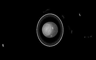 <h1>PIA01281:  Hubble Observes the Moons and Rings of Uranus</h1><div class="PIA01281" lang="en" style="width:490px;text-align:left;margin:auto;background-color:#000;padding:10px;max-height:150px;overflow:auto;"><p>This NASA Hubble Space Telescope image of the planet Uranus reveals the planet's rings, at least five of the inner moons, and bright clouds in the planet's southern hemisphere. Hubble now allows astronomers to revisit the planet at a level of detail not possible since the Voyager 2 spacecraft flew by the planet briefly, nearly a decade ago.<p>Hubble's new view was obtained on August 14, 1994, when Uranus was 1.7 billion miles (2.8 billion kilometers) from Earth. Similar details, as imaged by the Wide Field Planetary Camera 2, were only previously seen by the Voyager 2 spacecraft that flew by Uranus in 1986 (the rings were discovered by stellar occultation experiments in 1977, but not seen directly until Voyager flew to Uranus). Since the flyby, none of these inner satellites has been observed further, and detailed observations of the rings and Uranus' atmosphere have not been possible, because the rings are lost in the planet's glare as seen through ground-based optical telescopes.<p>Each of the inner moons appears as a string of three dots in this picture because it is a composite of three images, taken about six minutes apart. When these images are combined, they show the motion of the moons compared with the sky background. Because the moons move much more rapidly than our own Moon, they change position noticeably over only a few minutes. (These multiple images also help to distinguish the moons from stars and imaging detector artifacts, i.e., cosmic rays and electronic noise).<p>Thanks to Hubble's capabilities, astronomers will now be able to determine the orbits more precisely. With this increase in accuracy, astronomers can better probe the unusual dynamics of Uranus' complicated satellite system. Measuring the moons' brightness in several colors might offer clues to the satellites' origin by providing new information on their mineralogical composition. Similar measurements of the rings should yield new insights into their composition and origin.<p>One of the four gas giant planets of our solar system, Uranus is largely featureless. HST does reveal a high altitude haze which appears as a bright "cap" above the planet's south pole, along with clouds at southern latitudes (similar structures were observed by Voyager). Unlike Earth, Uranus' south pole points toward the Sun during part of the planet's 84- year orbit. Thanks to its high resolution and ability to make observations over many years, Hubble can follow seasonal changes in Uranus' atmosphere, which should be unusual given the planet's large tilt.<p>The Wide Field/Planetary Camera 2 was developed by the Jet Propulsion Laboratory and managed by the Goddard Space Flight Center for NASA's Office of Space Science.<p>This image and other images and data received from the Hubble Space Telescope are posted on the World Wide Web on the Space Telescope Science Institute home page at URL <a href="http://oposite.stsci.edu/" class="external free" target="wpext">http://oposite.stsci.edu/</a>.<br /><br /><a href="http://photojournal.jpl.nasa.gov/catalog/PIA01281" onclick="window.open(this.href); return false;" title="Voir l'image 	 PIA01281:  Hubble Observes the Moons and Rings of Uranus	  sur le site de la NASA">Voir l'image 	 PIA01281:  Hubble Observes the Moons and Rings of Uranus	  sur le site de la NASA.</a></div>