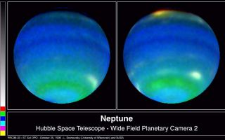 <h1>PIA01284:  Neptune in Primary Colors</h1><div class="PIA01284" lang="en" style="width:800px;text-align:left;margin:auto;background-color:#000;padding:10px;max-height:150px;overflow:auto;"><p>These two NASA Hubble Space Telescope images provide views of weather on opposite hemispheres of Neptune. Taken Aug. 13, 1996, with Hubble's Wide Field Planetary Camera 2, these composite images blend information from different wavelengths to bring out features of Neptune's blustery weather. The predominant blue color of the planet is a result of the absorption of red and infrared light by Neptune's methane atmosphere. Clouds elevated above most of the methane absorption appear white, while the very highest clouds tend to be yellow-red as seen in the bright feature at the top of the right-hand image. Neptune's powerful equatorial jet—where winds blow at nearly 900 mph—is centered on the dark blue belt just south of Neptune's equator. Farther south, the green belt indicates a region where the atmosphere absorbs blue light.<p>The images are part of a series of images made by Hubble during nine orbits spanning one 16.11-hour rotation of Neptune. The team making the observation was directed by Lawrence Sromovsky of the University of Wisconsin-Madison's Space Science and Engineering Center.<p>The Wide Field/Planetary Camera 2 was developed by the Jet Propulsion Laboratory and managed by the Goddard Space Flight Center for NASA's Office of Space Science.<p>This image and other images and data received from the Hubble Space Telescope are posted on the World Wide Web on the Space Telescope Science Institute home page at URL <a href="http://oposite.stsci.edu/" class="external free" target="wpext">http://oposite.stsci.edu/</a>.<br /><br /><a href="http://photojournal.jpl.nasa.gov/catalog/PIA01284" onclick="window.open(this.href); return false;" title="Voir l'image 	 PIA01284:  Neptune in Primary Colors	  sur le site de la NASA">Voir l'image 	 PIA01284:  Neptune in Primary Colors	  sur le site de la NASA.</a></div>
