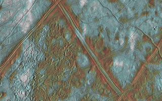 <h1>PIA01296:  Europa "Ice Rafts" in Local and Color Context</h1><div class="PIA01296" lang="en" style="width:800px;text-align:left;margin:auto;background-color:#000;padding:10px;max-height:150px;overflow:auto;"><p>This image of Jupiter's icy satellite Europa shows surface features such as domes and ridges, as well as a region of disrupted terrain including crustal plates which are thought to have broken apart and "rafted" into new positions. The image covers an area of Europa's surface about 250 by 200 kilometer (km) and is centered at 10 degrees latitude, 271 degrees longitude. The color information allows the surface to be divided into three distinct spectral units. The bright white areas are ejecta rays from the relatively young crater Pwyll, which is located about 1000 km to the south (bottom) of this image. These patchy deposits appear to be superposed on other areas of the surface, and thus are thought to be the youngest features present. Also visible are reddish areas which correspond to locations where non-ice components are present. This coloring can be seen along the ridges, in the region of disrupted terrain in the center of the image, and near the dome-like features where the surface may have been thermally altered. Thus, areas associated with internal geologic activity appear reddish. The third distinct color unit is bright blue, and corresponds to the relatively old icy plains.<p>This product combines data taken by the Solid State Imaging (SSI) system on NASA's Galileo spacecraft during three separate flybys of Europa. Low resolution color data (violet, green, and 1 micron) acquired in September 1996 were combined with medium resolution images from December 1996, to produce synthetic color images. These were then combined with a high resolution mosaic of images acquired in February 1997.<p>The Jet Propulsion Laboratory, Pasadena, CA manages the Galileo mission for NASA's Office of Space Science, Washington, DC. JPL is an operating division of California Institute of Technology (Caltech).<p>This image and other images and data received from Galileo are posted on the World Wide Web, on the Galileo mission home page at URL http://galileo.jpl.nasa.gov. Background information and educational context for the images can be found at <a href="http://www2.jpl.nasa.gov/galileo/sepo/" target="_blank">http://www.jpl.nasa.gov/galileo/sepo</a>..<br /><br /><a href="http://photojournal.jpl.nasa.gov/catalog/PIA01296" onclick="window.open(this.href); return false;" title="Voir l'image 	 PIA01296:  Europa "Ice Rafts" in Local and Color Context	  sur le site de la NASA">Voir l'image 	 PIA01296:  Europa "Ice Rafts" in Local and Color Context	  sur le site de la NASA.</a></div>