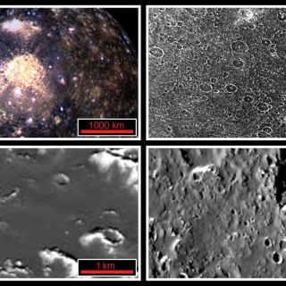 <h1>PIA01297:  View of Callisto at Increasing Resolutions</h1><div class="PIA01297" lang="en" style="width:800px;text-align:left;margin:auto;background-color:#000;padding:10px;max-height:150px;overflow:auto;">These four views of Jupiter's second largest moon, Callisto, highlight how increasing resolutions enable interpretation of the surface. In the global view (top left) the surface is seen to have many small bright spots, while the regional view (top right) reveals the spots to be the larger craters. The local view (bottom right) not only brings out smaller craters and detailed structure of larger craters, but also shows a smooth dark layer of material that appears to cover much of the surface. The close-up frame (bottom left) presents a surprising smoothness in this highest resolution (30 meters per picture element) view of Callisto's surface.<p>North is to the top of these frames which were taken by the Solid State Imaging (SSI) system on NASA's Galileo spacecraft between November 1996 and November 1997. Even higher resolution images (better than 20 meters per picture element) of Callisto will be taken on June 30, 1999 during the 21st orbit of the spacecraft around Jupiter.<p>The top left frame is scaled to 10 kilometers (km) per picture element (pixel) and covers an area about 4400 by 2500 km. The moon Callisto, which has a diameter of 4806 km, appears to be peppered with many bright spots. Images at this resolution of other cratered moons in the Solar System indicate that the bright spots could be impact craters. The ring structure of Valhalla, the largest impact structure on Callisto, is visible in the center of the frame. This color view combines images obtained in November 1997 taken through the green, violet, and 1 micrometer filters of the SSI system.<p>The top right frame is ten times higher resolution (about 1 km per pixel) and covers an area approximately 440 by 250 km. Craters, which are clearly recognizable, appear to be the dominant landform on Callisto. The crater rims appear bright, while the adjacent area and the crater interiors are dark. This resolution is comparable to the best data available from the 1979 flyby's of NASA's two Voyager spacecraft; it reflects the understanding of Callisto prior to new data from Galileo. This Galileo image was taken in November 1996.<p>The resolution of the bottom right image is again ten times better (100 meters per pixel) and covering an area of about 44 by 25 km. This resolution reveals that some crater rims are not complete rings, but are composed of bright isolated segments. Steep slopes near crater rims reveal dark material that appears to have slid down to reveal bright material. The thickness of the dark layer could be tens of meters. The image was taken in June 1997.<p>The bottom left image at about 29 meters per pixel is the highest resolution available for Callisto. It covers an area about 4.4 by 2.5 km and is somewhat oblique. Craters are visible but no longer dominate the surface. The image was taken in November 1996.<p>The Jet Propulsion Laboratory, Pasadena, CA manages the Galileo mission for NASA's Office of Space Science, Washington, DC. JPL is an operating division of California Institute of Technology (Caltech).<p>This image and other images and data received from Galileo are posted on the World Wide Web, on the Galileo mission home page at URL http://galileo.jpl.nasa.gov. Background information and educational context for the images can be found at <a href="http://www2.jpl.nasa.gov/galileo/sepo/" target="_blank">http://www.jpl.nasa.gov/galileo/sepo</a>..<br /><br /><a href="http://photojournal.jpl.nasa.gov/catalog/PIA01297" onclick="window.open(this.href); return false;" title="Voir l'image 	 PIA01297:  View of Callisto at Increasing Resolutions	  sur le site de la NASA">Voir l'image 	 PIA01297:  View of Callisto at Increasing Resolutions	  sur le site de la NASA.</a></div>