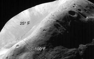 <h1>PIA01332:  MOC Image of Phobos with TES Temperature Overlay</h1><div class="PIA01332" lang="en" style="width:462px;text-align:left;margin:auto;background-color:#000;padding:10px;max-height:150px;overflow:auto;">This image of Phobos, the inner and larger of the two moons of Mars, was taken by the Mars Global Surveyor on August 19, 1998. The Thermal Emission Spectrometer (TES) measured the brightness of thermal radiation at the same time the camera acquired this image. By analyzing the brightness, TES scientists could deduce the various fractions of the surface exposed to the Sun and their temperatures. This preliminary analysis shows that the surface temperature, dependent on slope and particle size, varies from a high of +25° F (-4° C) on the most illuminated slopes to -170° F (-112° C) in shadows. This large difference, and the fact that such differences can be found in close proximity, adds support to the notion that the surface of Phobos is covered by very small particles.<p>Malin Space Science Systems, Inc. and the California Institute of Technology built the MOC using spare hardware from the Mars Observer mission. MSSS operates the camera from its facilities in San Diego, CA. The Thermal Emission Spectrometer is operated by Arizona State University and was built by Raytheon Santa Barbara Remote Sensing. The Jet Propulsion Laboratory's Mars Surveyor Operations Project operates the Mars Global Surveyor spacecraft with its industrial partner, Lockheed Martin Astronautics, from facilities in Pasadena, CA and Denver, CO.<br /><br /><a href="http://photojournal.jpl.nasa.gov/catalog/PIA01332" onclick="window.open(this.href); return false;" title="Voir l'image 	 PIA01332:  MOC Image of Phobos with TES Temperature Overlay	  sur le site de la NASA">Voir l'image 	 PIA01332:  MOC Image of Phobos with TES Temperature Overlay	  sur le site de la NASA.</a></div>