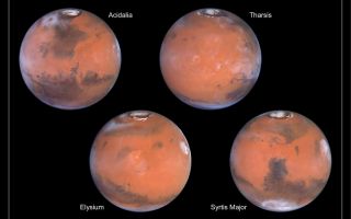 <h1>PIA01587:  A Closer Hubble Encounter With Mars - 4 Views</h1><div class="PIA01587" lang="en" style="width:800px;text-align:left;margin:auto;background-color:#000;padding:10px;max-height:150px;overflow:auto;">Taking advantage of Mars's closest approach to Earth in eight years, astronomers using NASA's Hubble Space Telescope have taken the space-based observatory's sharpest views yet of the Red Planet. NASA is releasing these images to commemorate the second anniversary of the Mars Pathfinder landing. The lander and its rover, Sojourner, touched down on the Red Planet's rolling hills on July 4, 1997, embarking on an historic three-month mission to gather information on the planet's atmosphere, climate, and geology.<p>The telescope's Wide Field and Planetary Camera 2 snapped these images between April 27 and May 6, when Mars was 54 million miles (87 million kilometers) from Earth. From this distance the telescope could see Martian features as small as 12 miles (19 kilometers) wide.<p>The telescope obtained four images, which, together, show the entire planet. Each view depicts the planet as it completes one quarter of its daily rotation. In these views the north polar cap is tilted toward the Earth and is visible prominently at the top of each picture. The images were taken in the middle of the Martian northern summer, when the polar cap had shrunk to its smallest size. During this season the Sun shines continuously on the polar cap. Previous telescopic and spacecraft observations have shown that this summertime "residual" polar cap is composed of water ice, just like Earth's polar caps.<p>These Hubble telescope snapshots reveal that substantial changes in the bright and dark markings on Mars have occurred in the 20 years since the NASA Viking spacecraft missions first mapped the planet. The Martian surface is dynamic and ever changing. Some regions that were dark 20years ago are now bright red; some areas that were bright red are now dark. Winds move sand and dust from region to region, often in spectacular dust storms. Over long time scales many of the larger bright and dark markings remain stable, but smaller details come and go as they are covered and then uncovered by sand and dust.<p>The upper-left image is centered near the location of the Pathfinder landing site. Dark sand dunes that surround the polar cap merge into a large, dark region called Acidalia. This area, as shown by images from the Hubble telescope and other spacecraft, is composed of dark, sand-sized grains of pulverized volcanic rock. Below and to the left of Acidalia are the massive Martian canyon systems of Valles Marineris, some of which form long linear markings that were once thought by some to be canals. Early morning clouds can be seen along the left limb of the planet, and a large cyclonic storm composed of water ice is churning near the polar cap. See also <a href="/catalog/PIA01589">PIA01589</a>.<p>The upper-right image is centered on the region of the planet known as Tharsis, home of the largest volcanoes in the solar system. The bright, ring-like feature just to the left of center is the volcano Olympus Mons, which is more than 340 miles (550 kilometers) across and 17 miles(27 kilometers) high. Thick deposits of fine-grained, windblown dust cover most of this hemisphere. The colors indicate that the dust is heavily oxidized ("rusted"), and millions (or perhaps billions) of years of dust storms have homogenized its composition. Prominent late afternoon clouds along the right limb of the planet can be seen. See also <a href="/catalog/PIA01590">PIA01590</a>.<p>The lower-left image is centered near another volcanic region known as Elysium. This area shows many small, dark markings that have been observed by the Hubble telescope and other spacecraft to change as a result of the movement of sand and dust across the Martian surface. In the upper left of this image, at high northern latitudes, a large chevron-shaped area of water ice clouds mark a storm front. Along the right limb, a large cloud system has formed around the Olympus Mons volcano. See also <a href="/catalog/PIA01591">PIA01591</a>.<p>The lower-right image is centered on the dark feature known as Syrtis Major, first seen telescopically by the astronomer Christian Huygens in the 17th century. Many small, dark, circular impact craters can be seen in this region, attesting to the Hubble telescope's ability to reveal fine detail on the planet's surface. To the south of Syrtis a large circular feature called Hellas. Viking and more recently Mars Global Surveyor have revealed that Hellas is a large and deep impact crater. These Hubble telescope pictures show it to be filled with surface frost and water ice clouds. Along the right limb, late afternoon clouds have formed around the volcano Elysium. See also <a href="/catalog/PIA01592">PIA01592</a>.<p>Shown here are color composites generated from data using three filters: blue (410 nanometers), green (502 nanometers), and red (673 nanometers). A total of 12 color filters, spanning ultraviolet to near-infrared wavelengths, were used in the observation.<br /><br /><a href="http://photojournal.jpl.nasa.gov/catalog/PIA01587" onclick="window.open(this.href); return false;" title="Voir l'image 	 PIA01587:  A Closer Hubble Encounter With Mars - 4 Views	  sur le site de la NASA">Voir l'image 	 PIA01587:  A Closer Hubble Encounter With Mars - 4 Views	  sur le site de la NASA.</a></div>