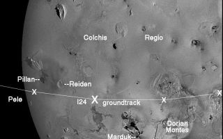 <h1>PIA01605:  Io imaging during Galileo's 24th orbit</h1><div class="PIA01605" lang="en" style="width:800px;text-align:left;margin:auto;background-color:#000;padding:10px;max-height:150px;overflow:auto;"><p>During its 14th orbit of Jupiter in March 29, 1998, NASA's Galileo spacecraft captured an image of Jupiter's moon, Io, that has the same lighting geometry that will exist during Io's close Io flyby on October 11, 1999 (the 24th orbit). The spacecraft groundtrack on Io is shown, with two-minute intervals marked by X's. The large X marks the location of closest approach, when Galileo will be just 500 kilometers (about 300 miles) above Io's surface. The curved boundary on the left marks the "terminator" or boundary between the lit day side and dark night side. Although the Pele volcano will be on the night side during the flyby, the hot lavas will be seen glowing in the dark. Other targets of interest that will be visible near closest approach are Pillan Patera, <a href="/catalog/PIA00744">the site of dramatic surface changes</a>, Reiden Patera, Marduk, the bright plains of Colchis regio, and the rugged Dorian Montes mountains. Active volcanic plumes and high-temperature hot spots have been seen at Pele, Pillan, and Marduk.</p><p>North is to the top of this image, which has a resolution of 2.6 kilometers (1.6 miles) per picture element. The image was taken at a range of 256,948 kilometers (about 160,000 miles) by the solid state imaging camera system on NASA's Galileo spacecraft.</p><p>The Jet Propulsion Laboratory, Pasadena, CA manages the Galileo mission for NASA's Office of Space Science, Washington, D.C.</p><p>This image and other images and data received from Galileo are posted on the World Wide Web on the Galileo mission home page at URL <a href="http://solarsystem.nasa.gov/galileo/" target="_blank">http://solarsystem.nasa.gov/galileo/</a>. Background information and educational context for the images can be found at <a href="http://www2.jpl.nasa.gov/galileo/sepo/" target="_blank">http://www.jpl.nasa.gov/galileo/sepo</a>.<br /><br /><a href="http://photojournal.jpl.nasa.gov/catalog/PIA01605" onclick="window.open(this.href); return false;" title="Voir l'image 	 PIA01605:  Io imaging during Galileo's 24th orbit	  sur le site de la NASA">Voir l'image 	 PIA01605:  Io imaging during Galileo's 24th orbit	  sur le site de la NASA.</a></div>