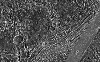 <h1>PIA01613:  Fractures in Nicholson Regio</h1><div class="PIA01613" lang="en" style="width:800px;text-align:left;margin:auto;background-color:#000;padding:10px;max-height:150px;overflow:auto;"><p>View of Nicholson Regio on Jupiter's moon, Ganymede, showing heavily fractured dark terrain and a lane of smooth bright terrain. North is to the top of the picture. A smooth, linear plank-like strip of bright terrain cuts across the southeast (lower right) corner of the image. Just west (left) of this is a very heavily fractured lane of dark terrain, curving towards the south. This fractured lane looks bright in lower resolution Voyager images and may be transitional between the older, heavily fractured dark terrain, and younger, less densely cratered bright terrain. The many other fractures visible within the dark terrain probably result from extension in the area. Some of these fractures were focused around weaknesses created by older craters (such as the one just east of the image center).</p><p>The sun illuminates the surface from the right. The image, centered at 14 degrees south latitude and 352 degrees longitude, covers an area approximately 144 by 144 kilometers. The resolution is 180 meters per picture element. The image was taken on April 5, 1997 at 6 hours, 31 minutes, 35 seconds Universal Time at a range of 17,842 kilometers by the Solid State Imaging (SSI) system on NASA's Galileo spacecraft.</p><p>The Jet Propulsion Laboratory, Pasadena, CA manages the Galileo mission for NASA's Office of Space Science, Washington, DC.</p><p>This image and other images and data received from Galileo are posted on the World Wide Web, on the Galileo mission home page at URL <a href="http://galileo.jpl.nasa.gov/galileo/sepo"><a href="http://www2.jpl.nasa.gov/galileo/sepo/" target="_blank">http://www.jpl.nasa.gov/galileo/sepo</a>.</a><br /><br /><a href="http://photojournal.jpl.nasa.gov/catalog/PIA01613" onclick="window.open(this.href); return false;" title="Voir l'image 	 PIA01613:  Fractures in Nicholson Regio	  sur le site de la NASA">Voir l'image 	 PIA01613:  Fractures in Nicholson Regio	  sur le site de la NASA.</a></div>