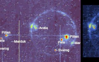 <h1>PIA01635:  Io in Eclipse reveals High Temperature Hot Spots</h1><div class="PIA01635" lang="en" style="width:800px;text-align:left;margin:auto;background-color:#000;padding:10px;max-height:150px;overflow:auto;"><p>These views of Jupiter's moon Io in the eclipse of the large planet's shadow are color coded so blue to yellow to red represents increasing brightness. The bright spots indicate the locations of volcanic vents on Io, which are spewing hot lava. This image and other data from NASA's Galileo spacecraft indicate that the lava at Pillan Patera (marked Pillan) exceeded 1,700 degrees kelvin (2,600 degrees Fahrenheit) and may have reached 2,000 degrees kelvin (3,140 degrees Fahrenheit). The hottest eruptions on Earth today reach temperatures of about 1,500 kelvin (2,240 degrees Fahrenheit), but hotter lava erupted billions of years ago.</p><p>The left and middle parts of this picture show a "raw" image presented without processing other than color coding and labeling. Small, bright pixels and clusters of pixels represent radiation interference. The bright vertical lines are column blemishes in the imaging detector (CCD). An image of Io was acquired through both a 1- micrometer filter (left) and clear filter on the Galileo solid state imaging camera system. Both images were exposed on the same frame; however, during the left exposure, the spacecraft platform moved, causing the exposure to slide toward the clear filter position. The middle view disc combines the two exposures.</p><p>The brightest hot spot at Pillan Patera was saturated in both filters, but the platform motion resulted in a horizontal line between the Pillan positions. The unsaturated line allows measurement of Pillan's temperature. For further information, see a report in Science magazine, Vol. 281, July 3, 1998, page 87.</p><p>The third view (right) is the processed clear filter data. Diffuse glows, produced by energized particles interacting with gases, highlight both the rim of Io's disc and active plumes such as Marduk. North is to the top of the picture. The resolution is 14.6 kilometers (9 miles) per picture element (pixel), but camera motion smeared the hot spots over about nine pixels. They appear bigger than they really are; modeling indicates the actual hot spots are much smaller than the pixels. The image was taken on June 28, 1997 at a range of 1,440, 000 kilometers (890,000 miles).</p><p>JPL manages the Galileo mission for NASA's Office of Space Science, Washington, DC.</p><p>This image and other images and data received from Galileo are posted on the World Wide Web, on the Galileo mission home page at <a href="http://solarsystem.nasa.gov/galileo/" target="_blank">http://solarsystem.nasa.gov/galileo/</a>. Background information and educational context for the images can be found at <a href="http://www2.jpl.nasa.gov/galileo/sepo/" target="_blank">http://www.jpl.nasa.gov/galileo/sepo</a>.<br /><br /><a href="http://photojournal.jpl.nasa.gov/catalog/PIA01635" onclick="window.open(this.href); return false;" title="Voir l'image 	 PIA01635:  Io in Eclipse reveals High Temperature Hot Spots	  sur le site de la NASA">Voir l'image 	 PIA01635:  Io in Eclipse reveals High Temperature Hot Spots	  sur le site de la NASA.</a></div>